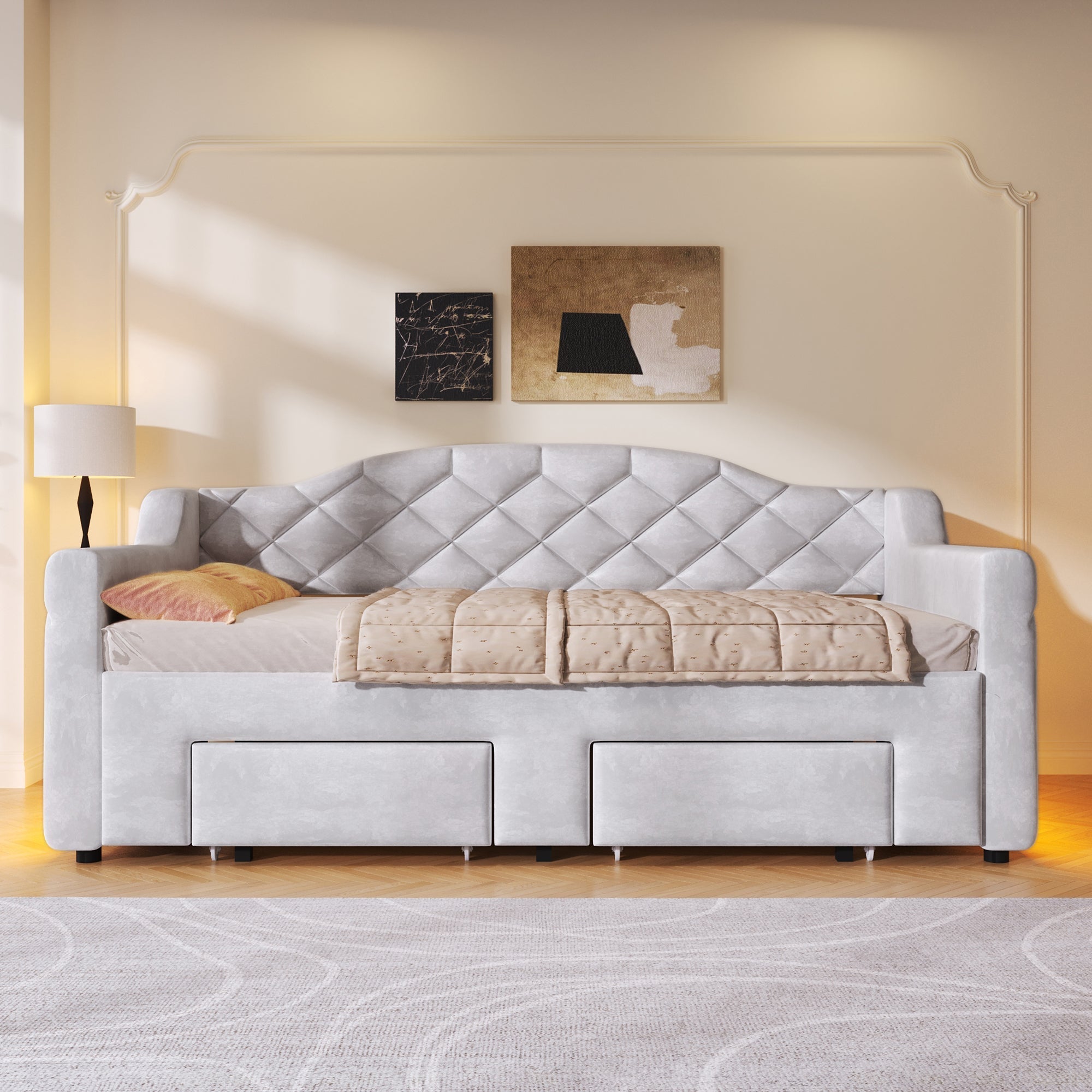 Upholstered Daybed with Two Drawers and LED Lighting, 90x200 to 180x200cm, Grey