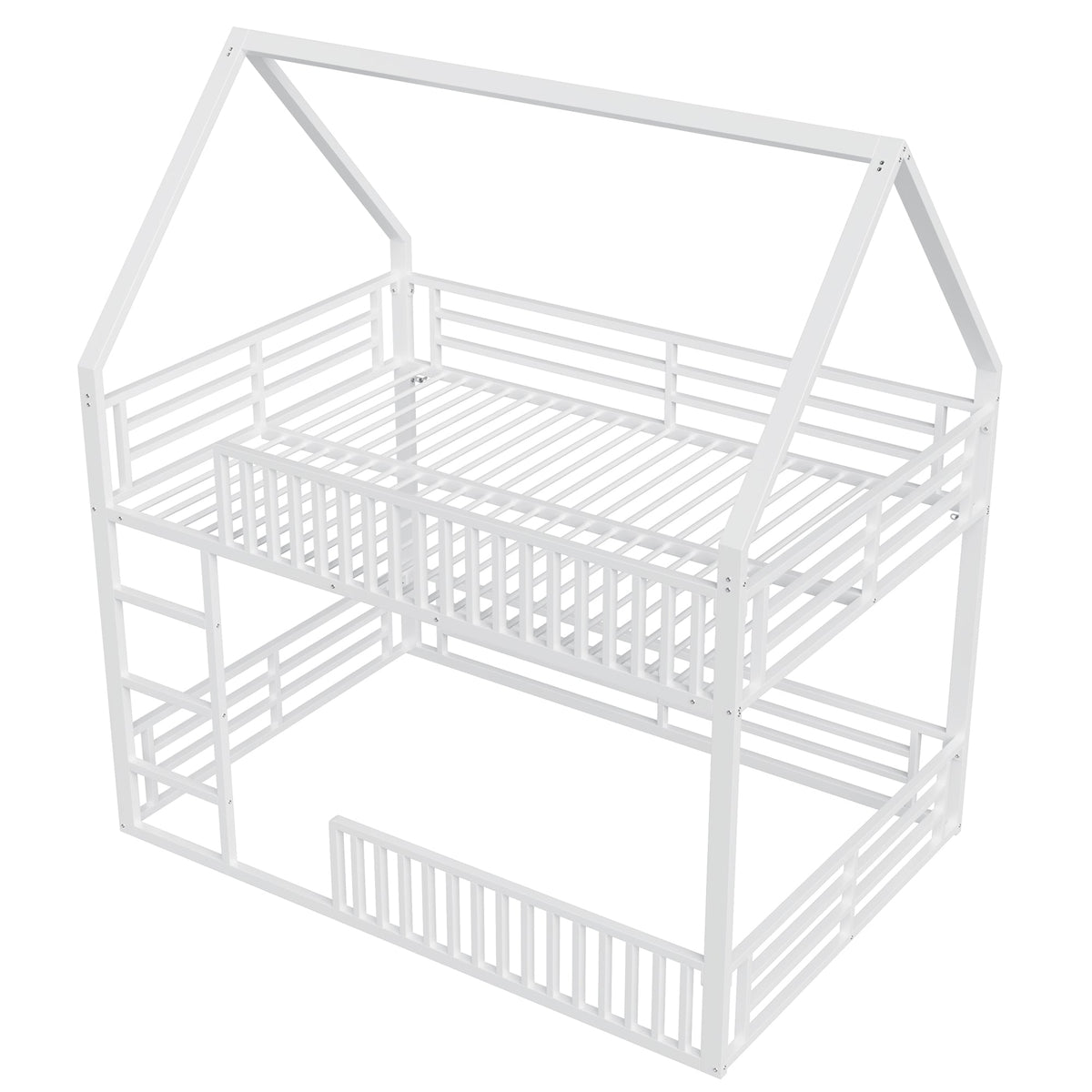 House-Shaped Bunk Bed with Fence and LED Light, 140x200cm, White