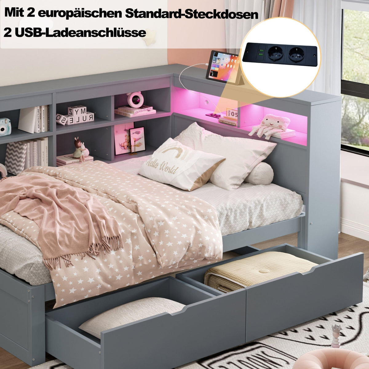 Solid Wood Sofa Bed 90x200cm Multifunctional Storage USB LED Grey