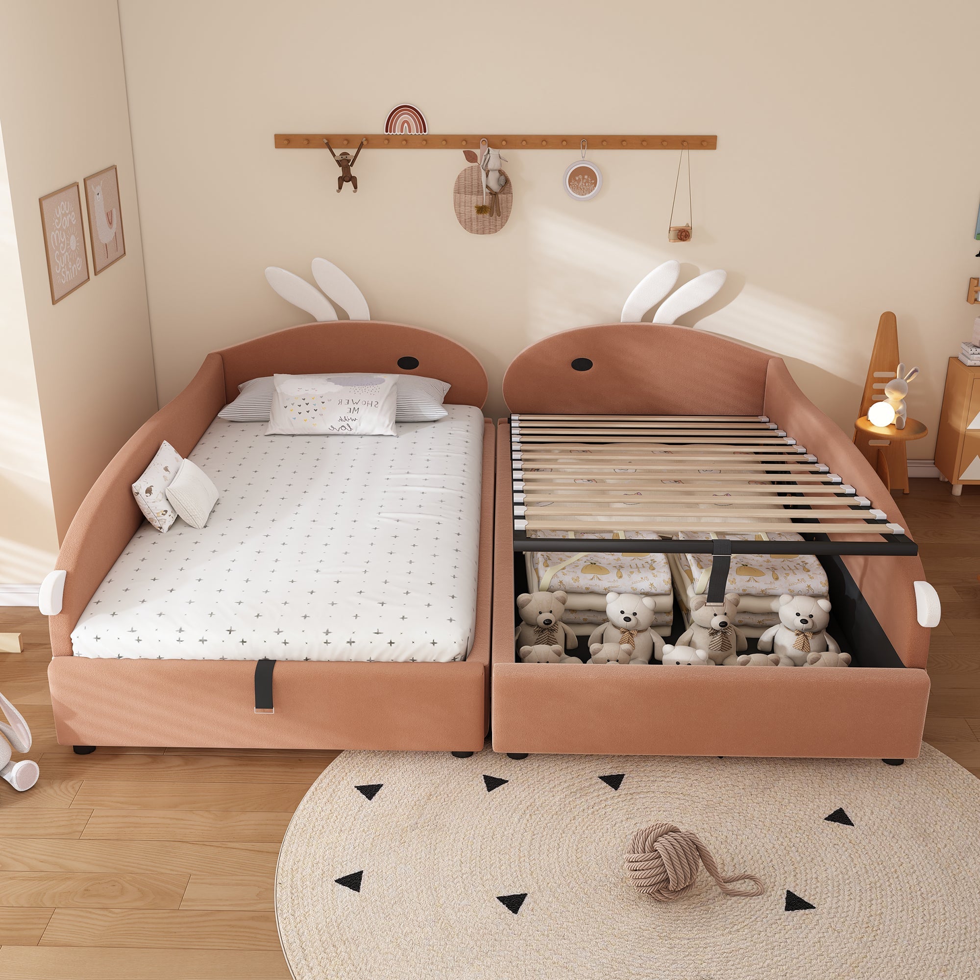 Upholstered Bed, Children's Hydraulic with Bunny Headboard & Storage, Velvet Pink+White