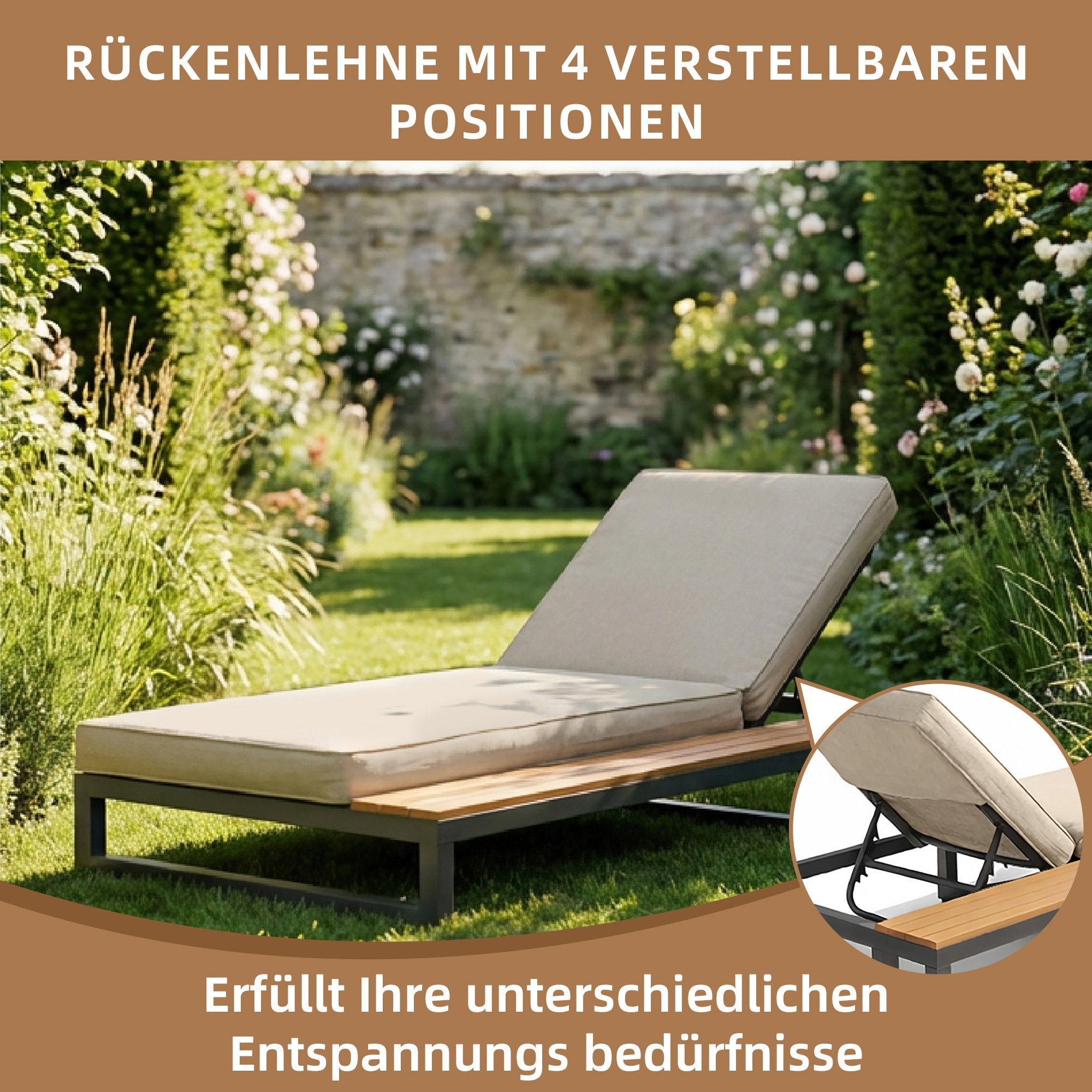 Outdoor Patio Daybed with Adjustable Backrest and Shelves, Waterproof Double Lounge Bed, Beige