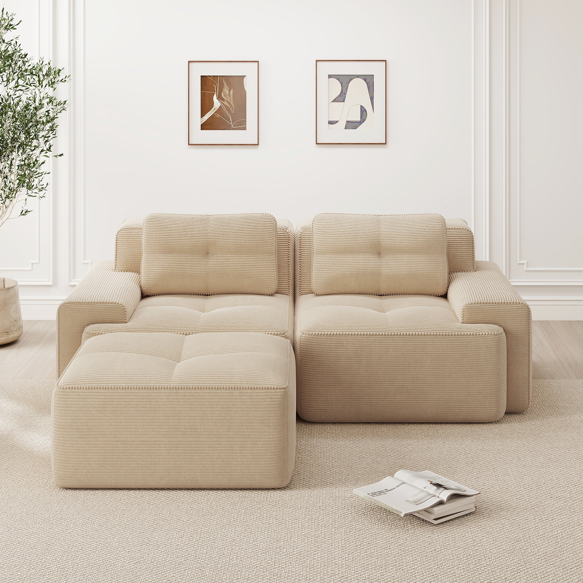 Boneless Modular Sofa L-Shape Deep Seat Sleeper with Ottoman Corduroy Beige