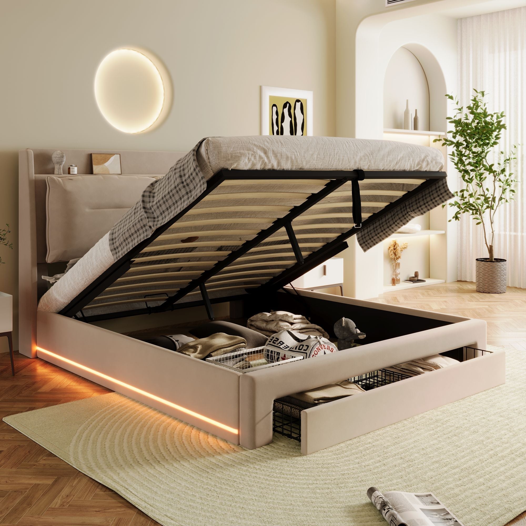 Upholstered Bed, 135x190cm (4ft6) Double, Hydraulic with 2 Storage Drawers & LED Lights, Beige Velvet
