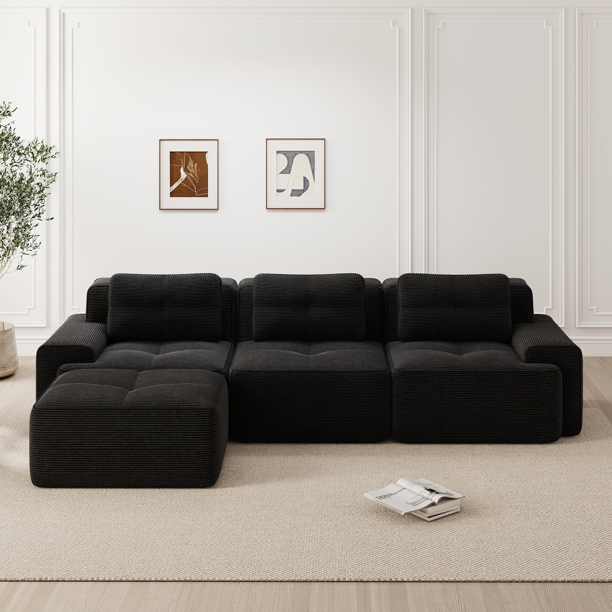 Cloud Modular Sofa L-shaped 3-Seater Ottoman Corduroy Black