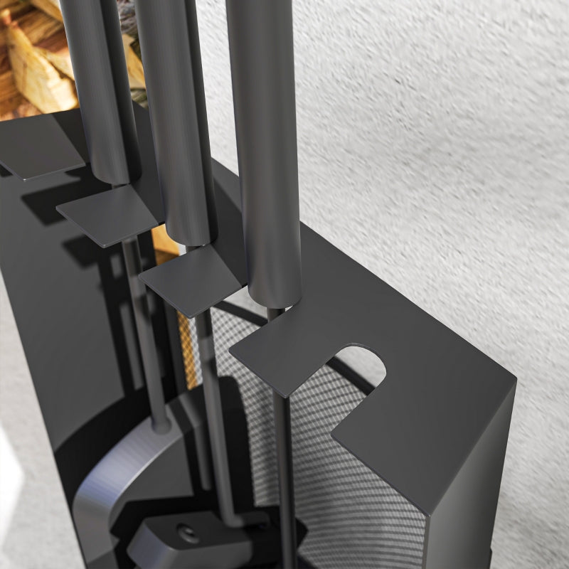 Fireplace Tool Set 5-Piece with Stand - Black Metal