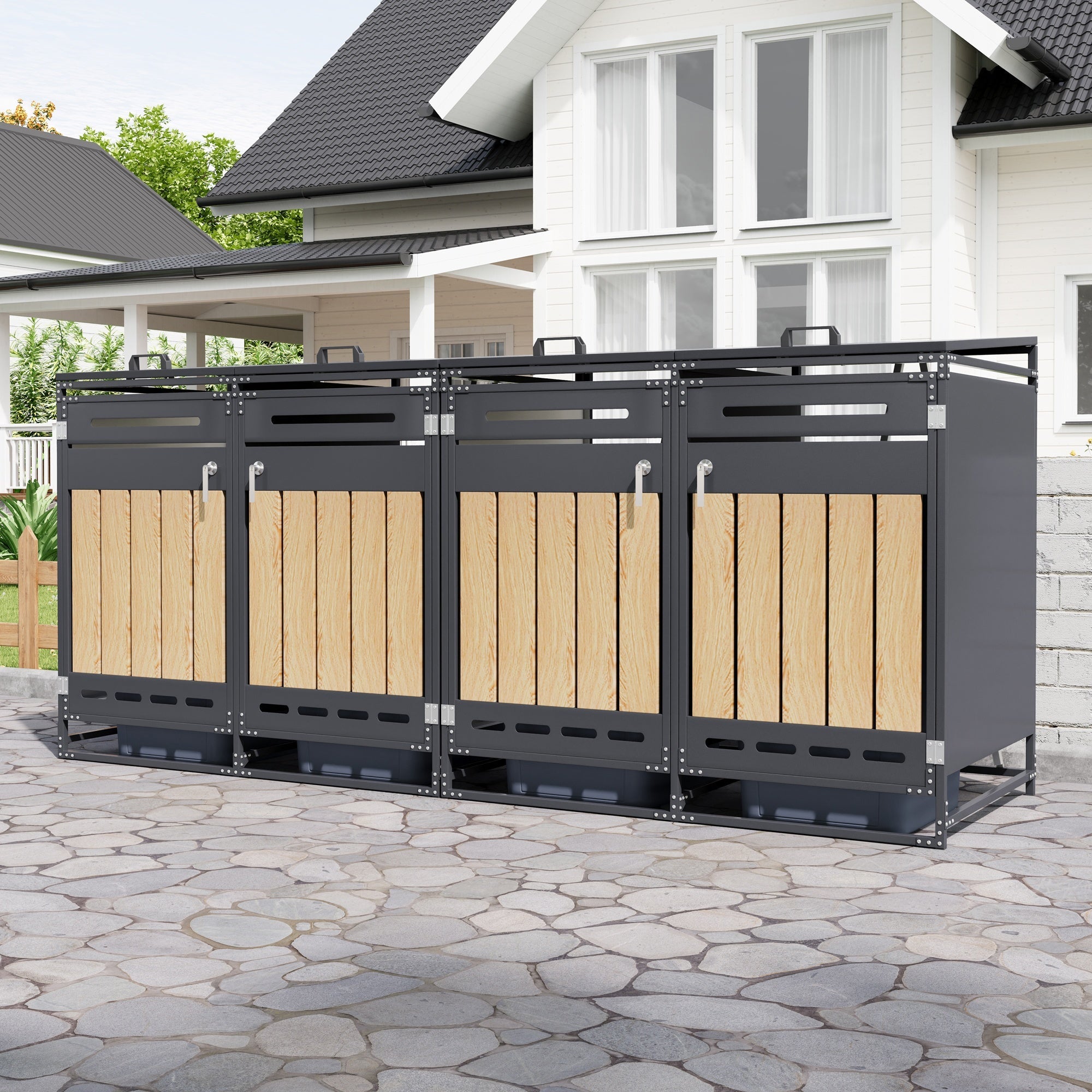 Bin Storage Cabinet, Set of 4 with Hydraulic Lids and Vertical Cladding, Iron Wood-Look