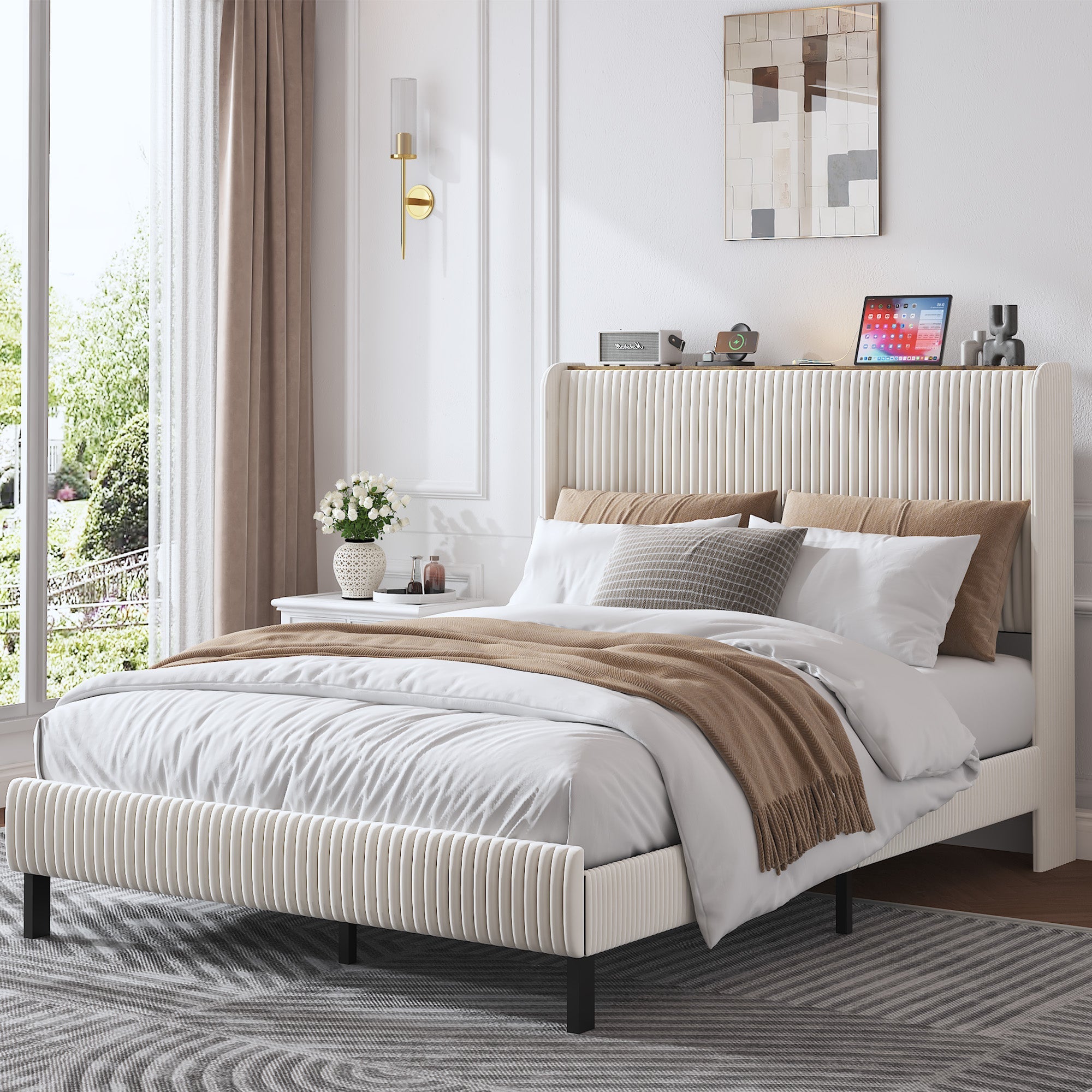 Bed Frame 140x200 Upholstered Platform Wing Edge Design Metal Slats Fabric Headboard
