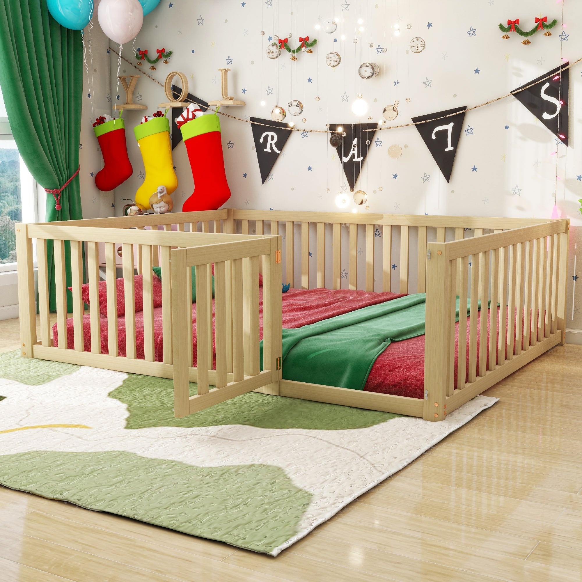 Children's bed 140x200 wooden floor bed frame with fence and door, wood color