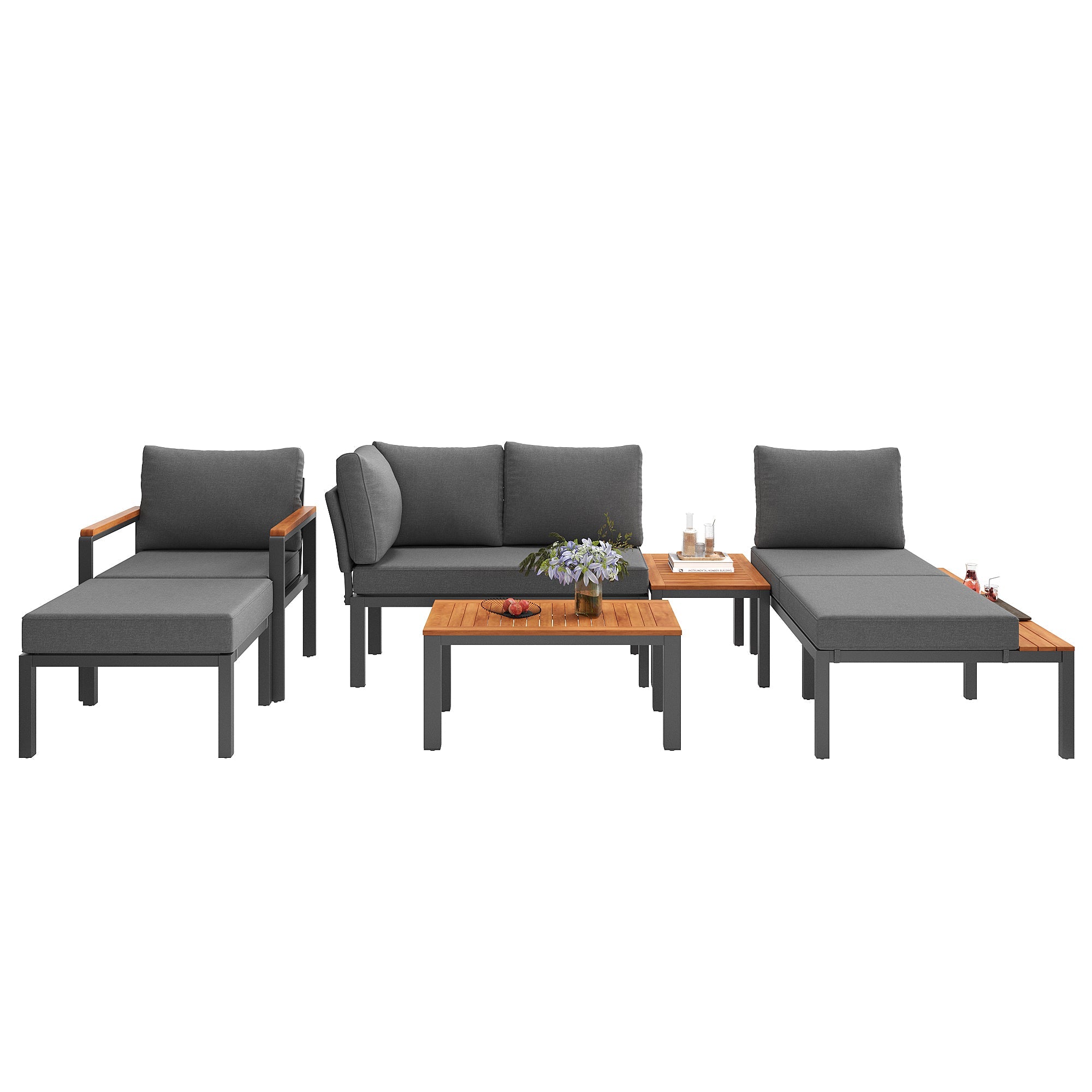 Modular Outdoor Seating Set with Metal Frame and Wooden Tables, Grey