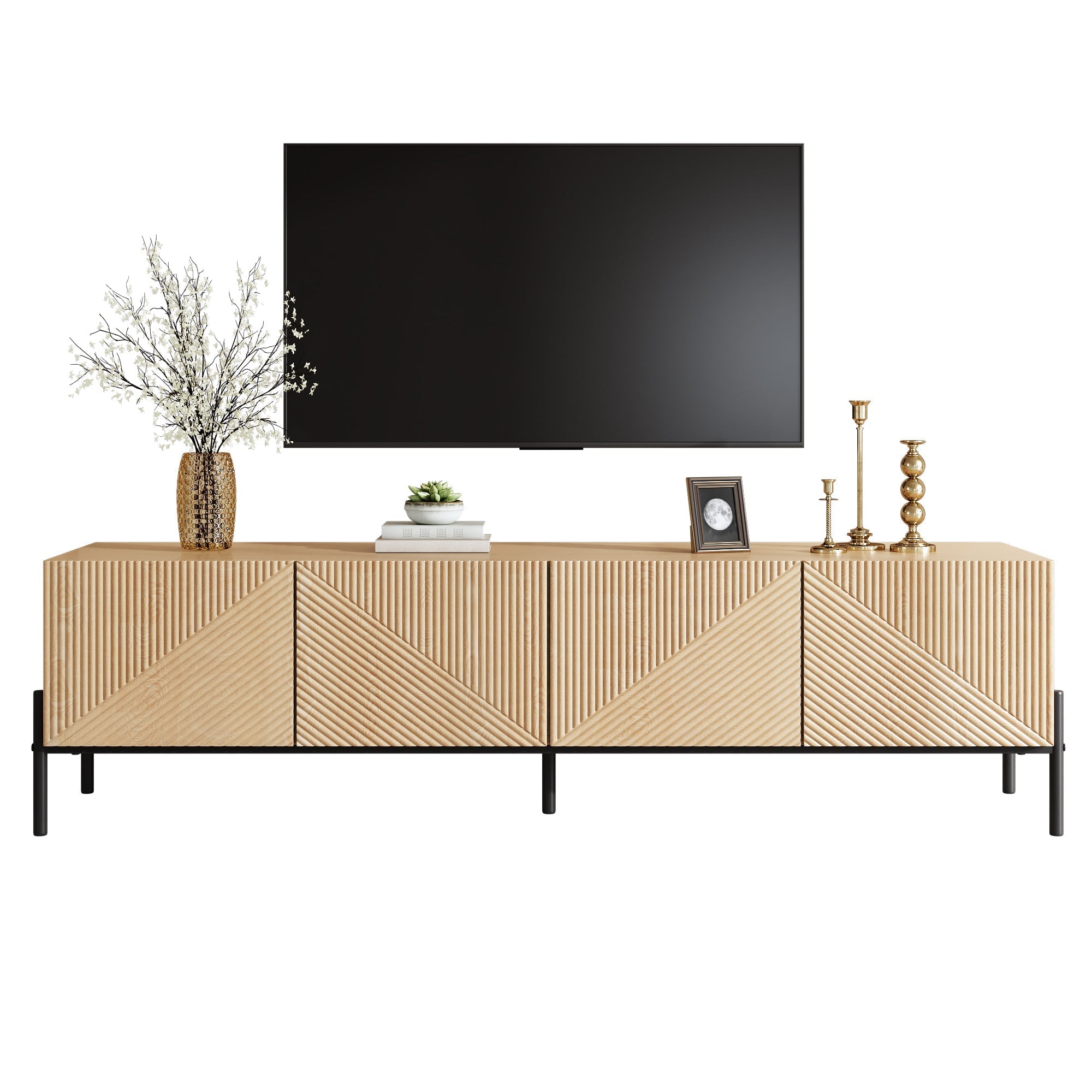 Modern TV Cabinet with 4-Door Storage and 3D Geometric Design, 160cm, Wood and Metal
