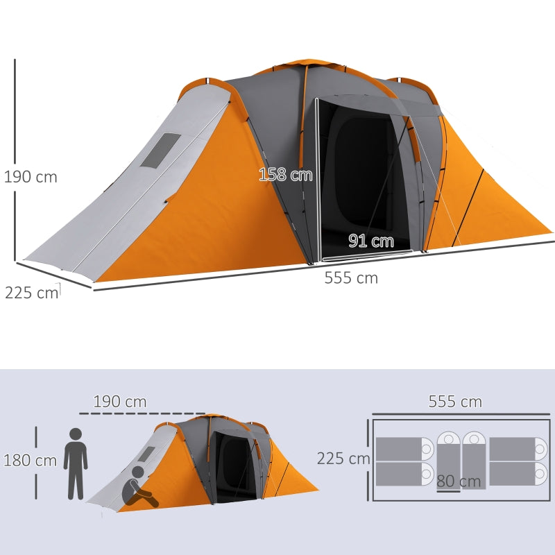 Large Camping Tent Tunnel Tent, 2 Bedroom Living Area, 4-6 Man, Waterproof, Orange