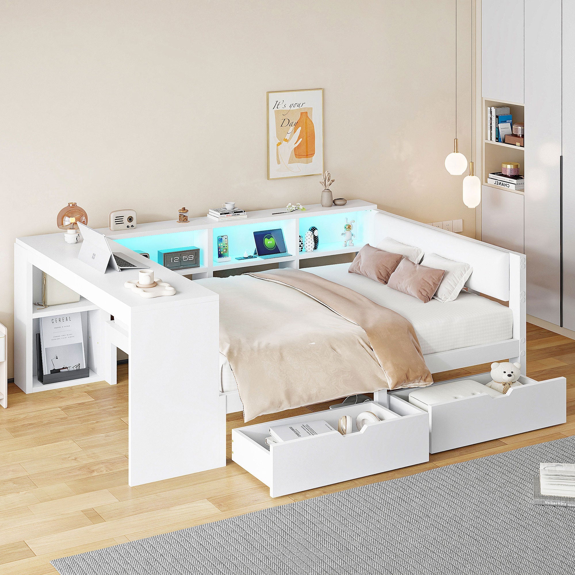 Platform Bed 140x200 Upholstered Headboard Storage Drawers LED Charge Station - White