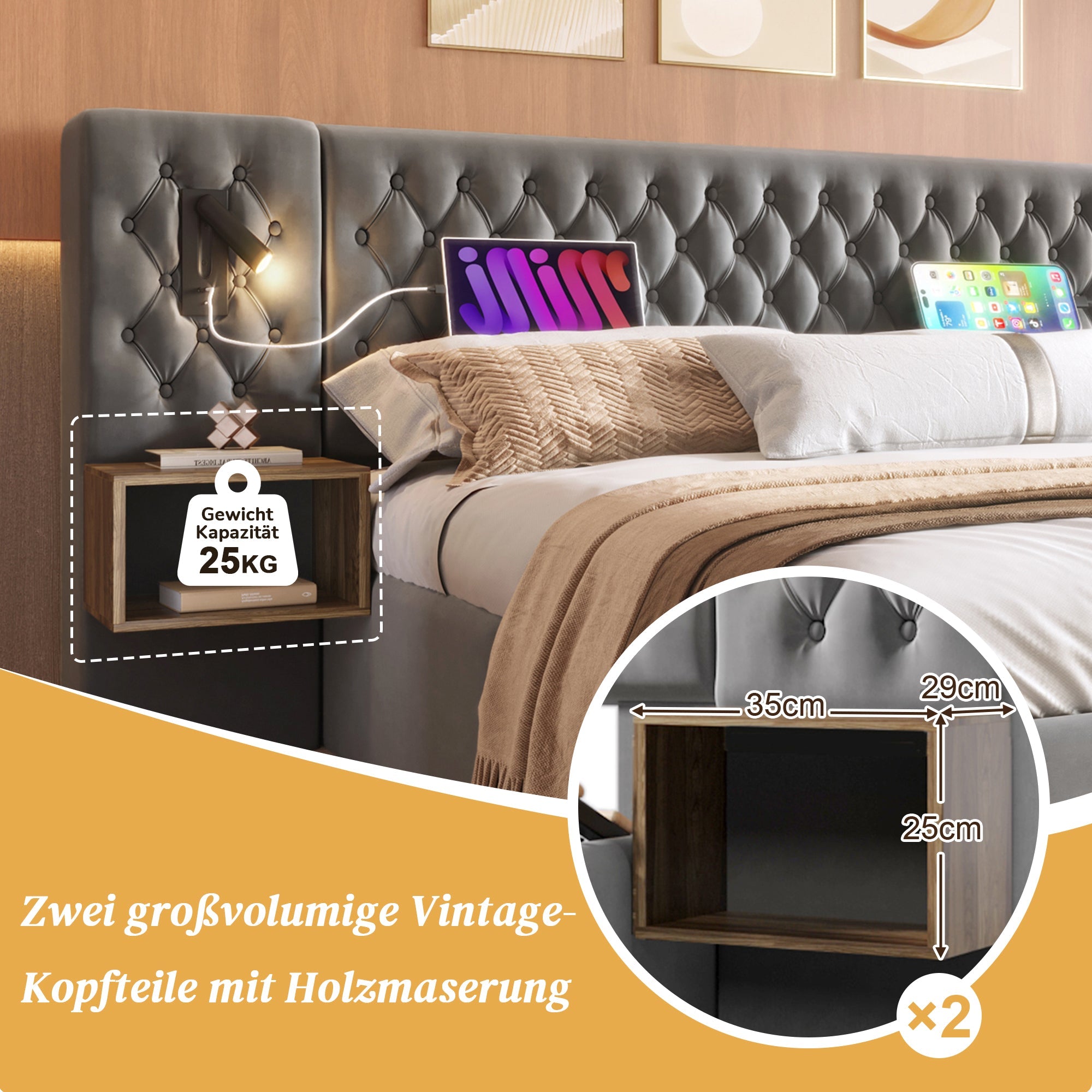 Complete Bedroom Bed Set with 2 Bedside Tables, 4 Drawers, USB and Reading Light, 180x200cm, Grey Velvet