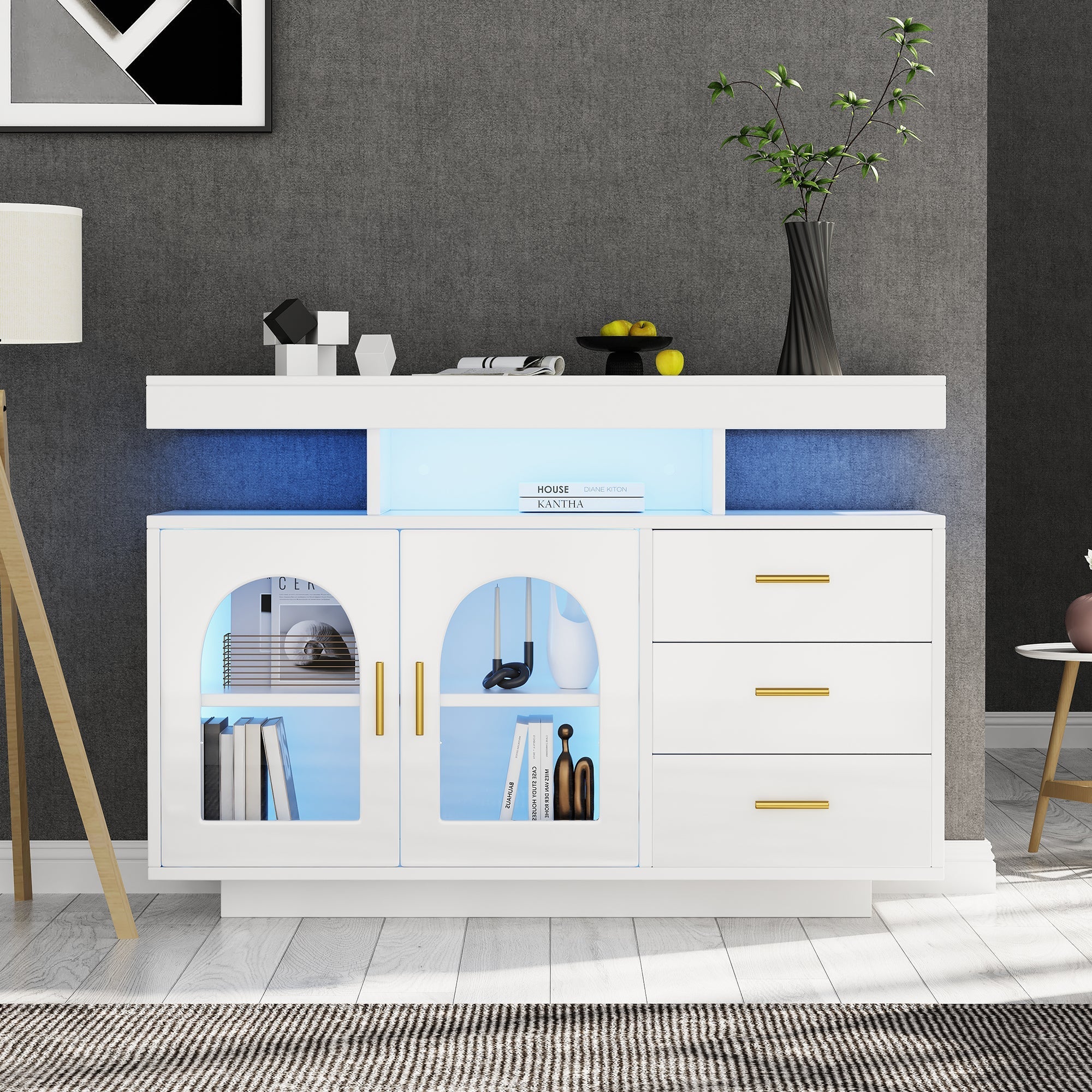 LED Sideboard Buffet 120cm High Gloss Coffee Bar Drawer Cabinet 16 Color Lights White