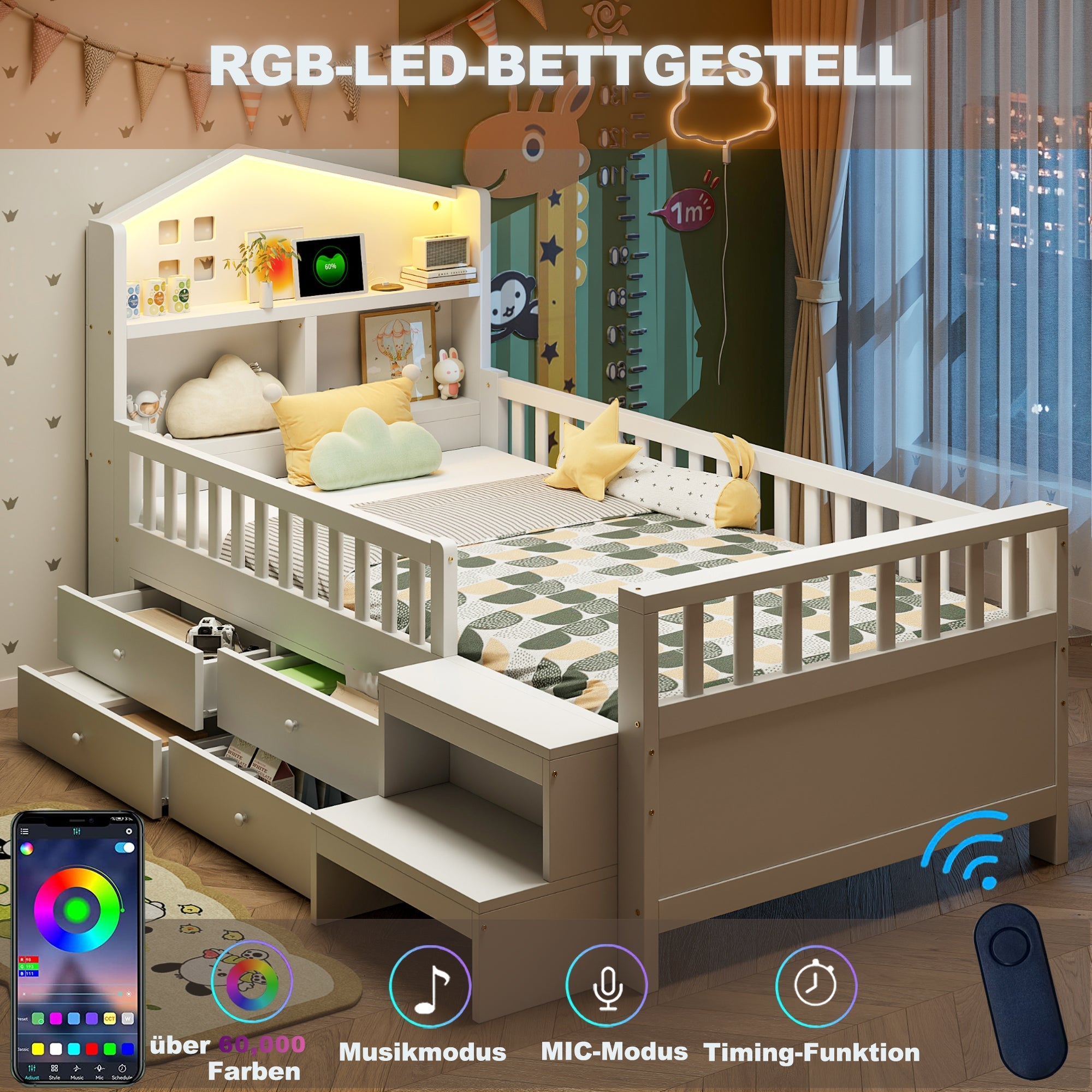 Children's Single Bed with 4 Storage Drawers, LED Lights, USB and Type-C Charging Ports, 90x200cm, White Solid Wood