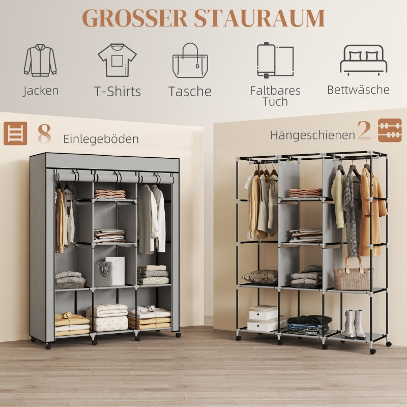 Fabric Wardrobe 8 Shelves 2 Clothes Rails - Grey