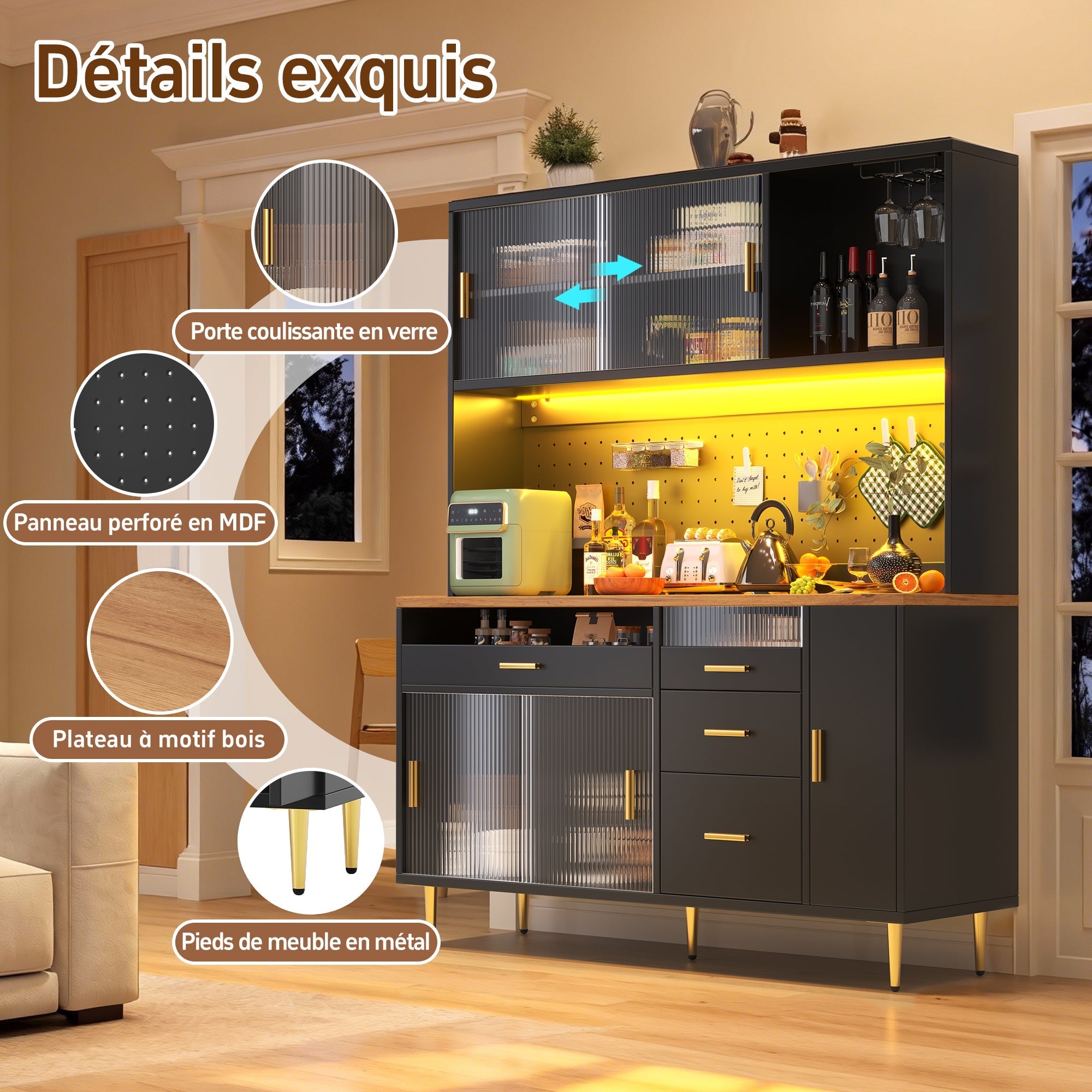 Tall Cabinet LED Lighting Pegboard Shelves Black