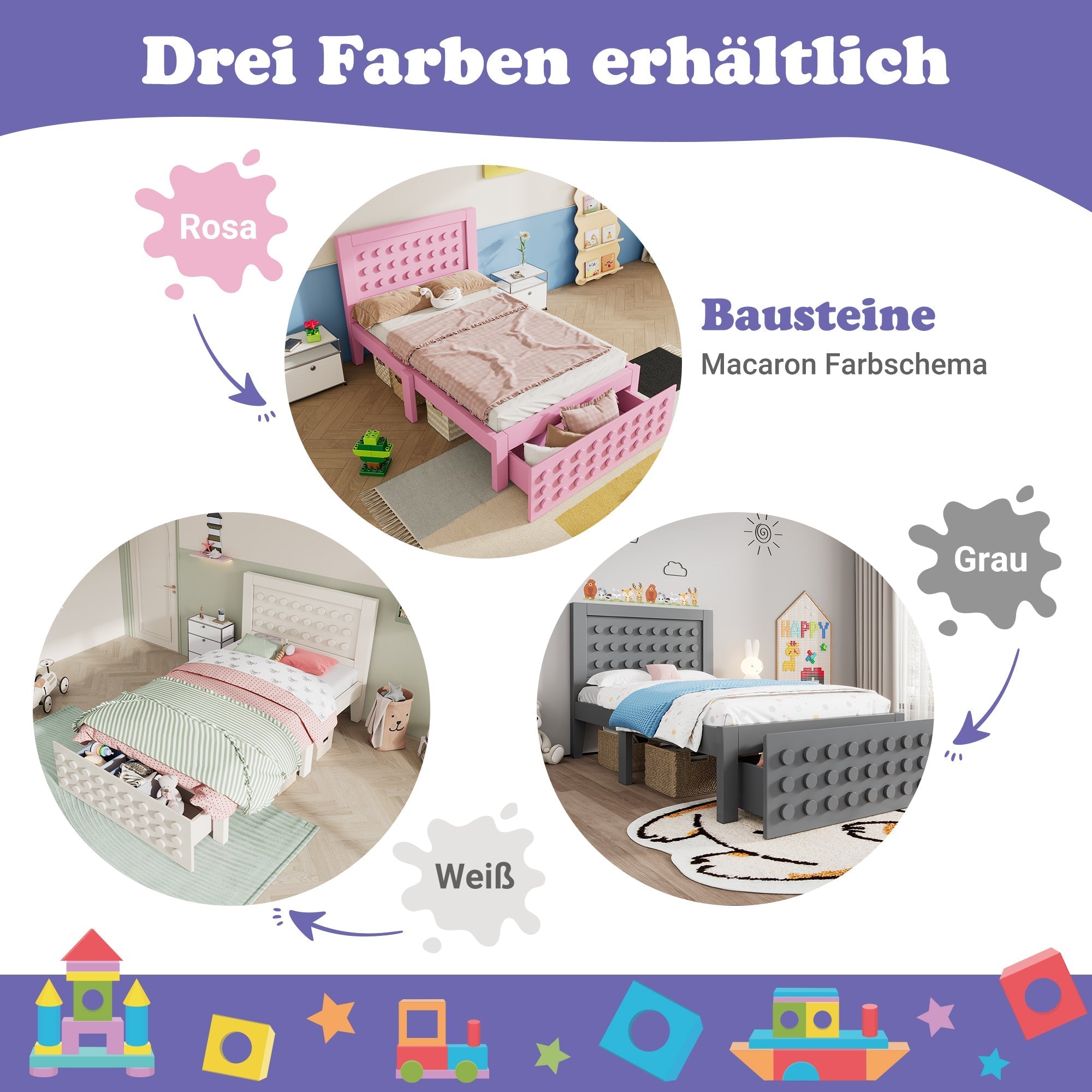 Single Bed, 90x200cm Creative Block Design with Drawers & Storage, Grey Wood