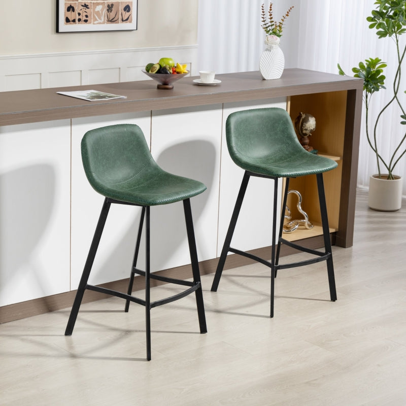 Bar Stools Set of 2 Dining Stools with Backrest, Footrest, for Kitchen Counter, Green PU Leather