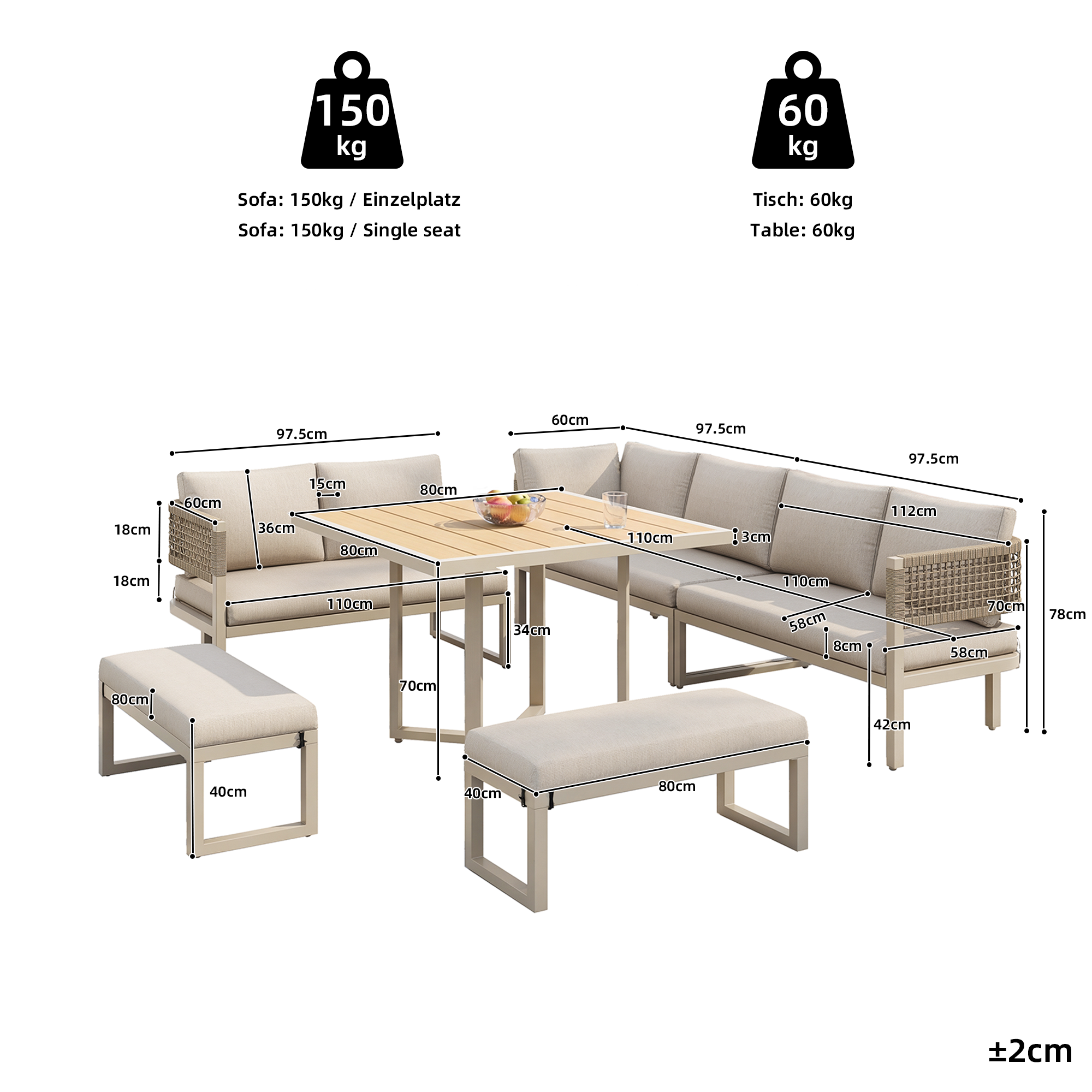 Garden Lounge Set for 8-10 People with Large Dining Table and Cushions, Plastic Wood and Ropework