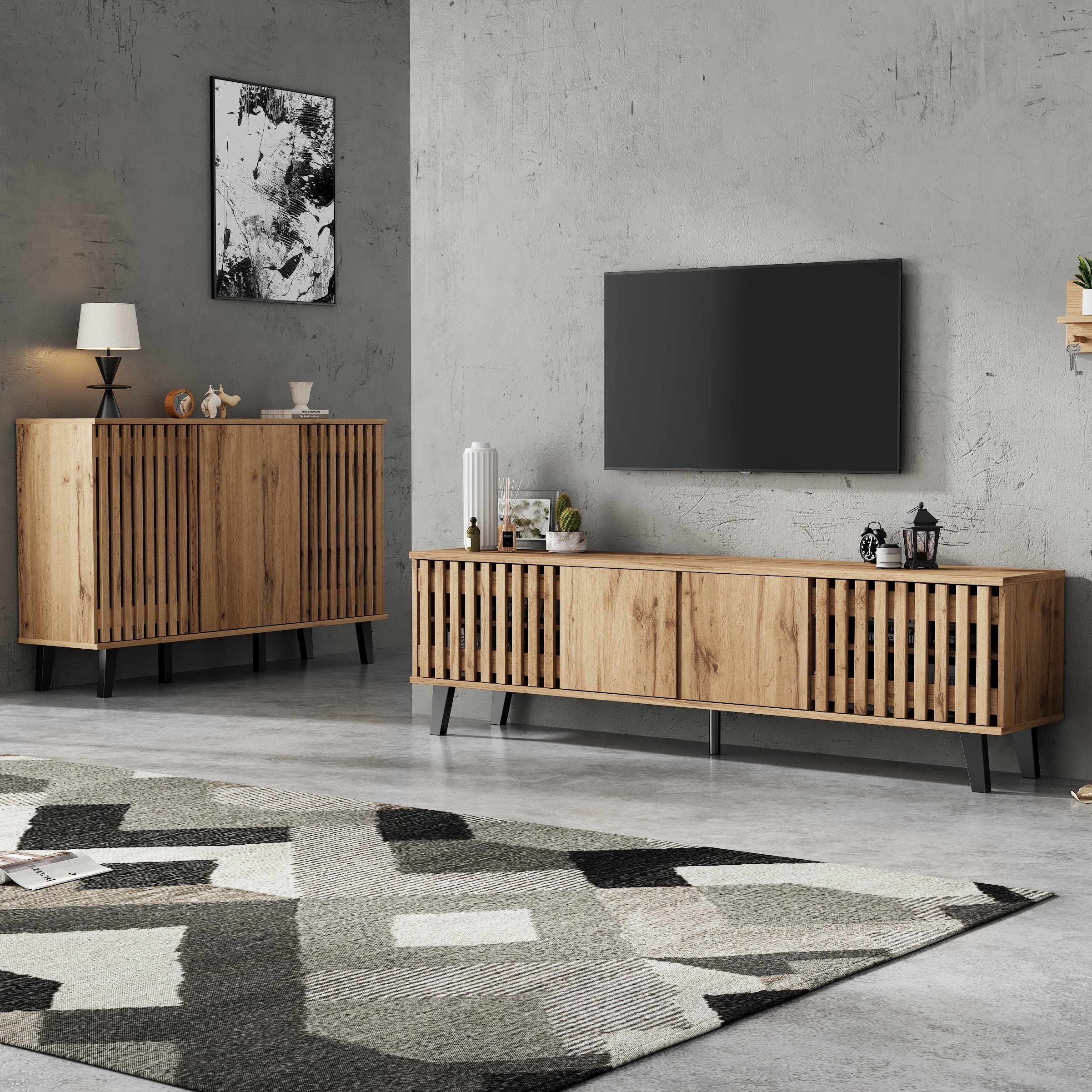 TV Cabinet and Sideboard Set, 180cm & 150cm, 8 Compartments 6 Shelves, Natural Wood