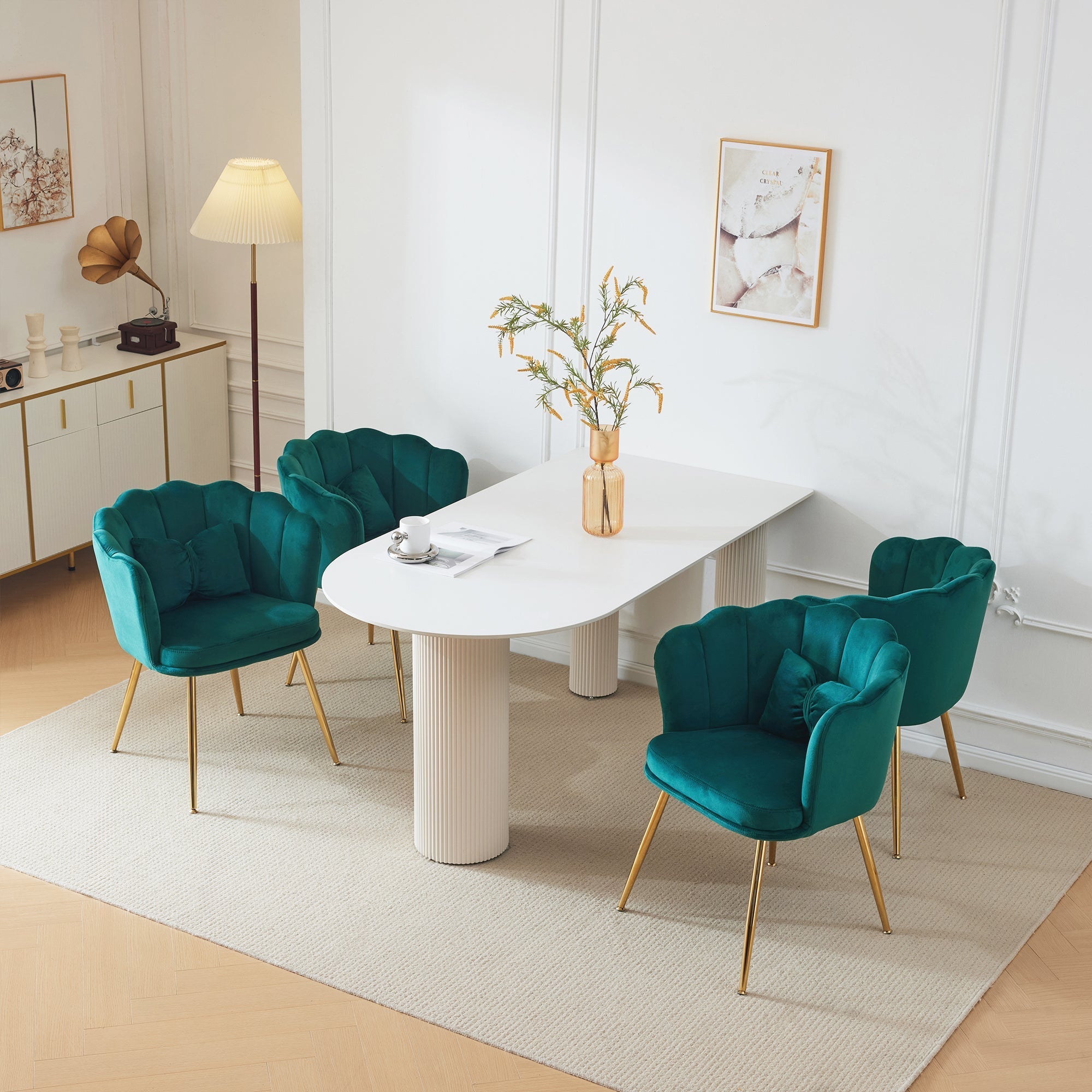 Velvet Chairs, Set of 4 Modern Upholstered with Petal Backs, Gold Metal Legs