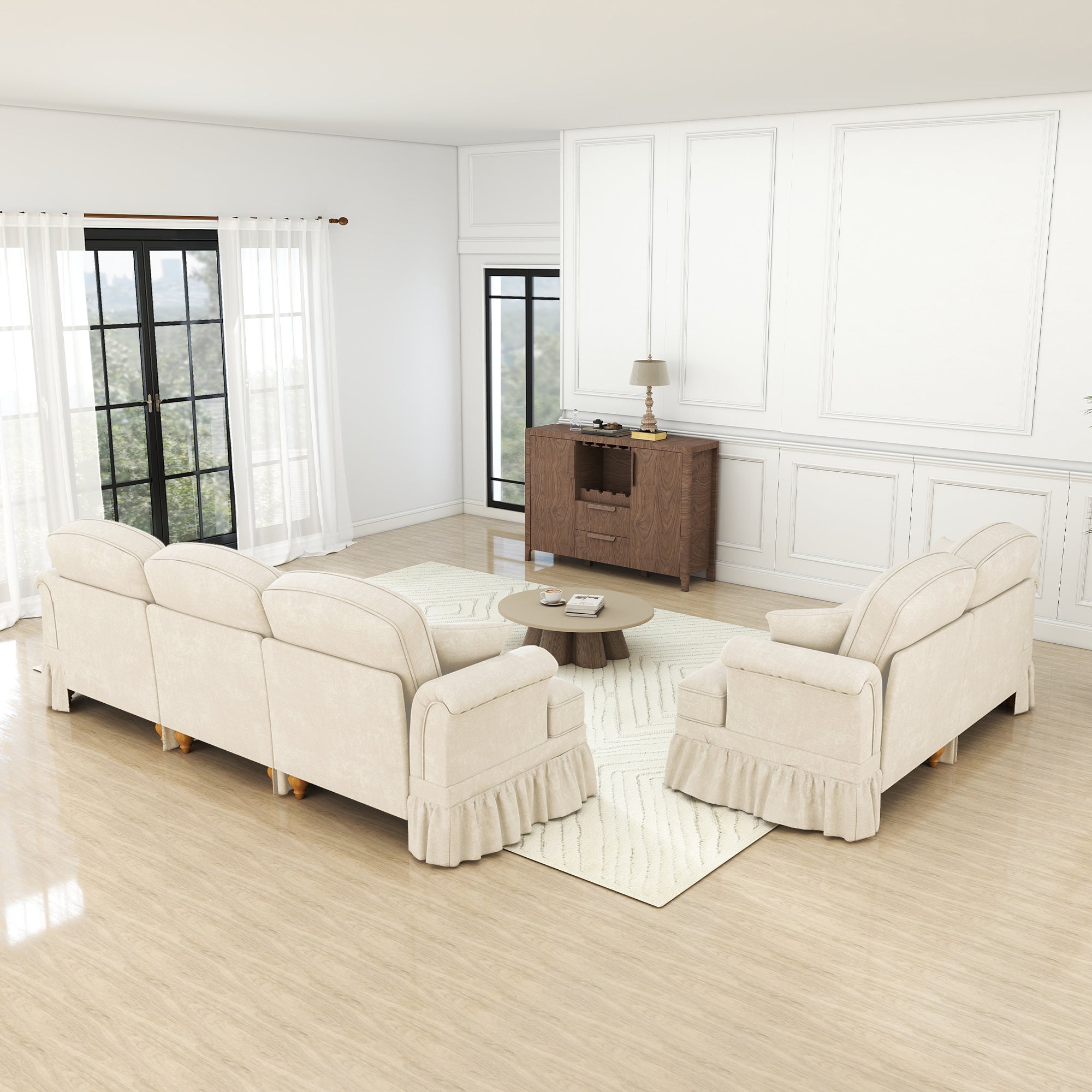 Classic 2-piece Modular Sofa Set 3-Seater 2-Seater Loveseat Ruffled Apron Spindle Legs - Chenille White