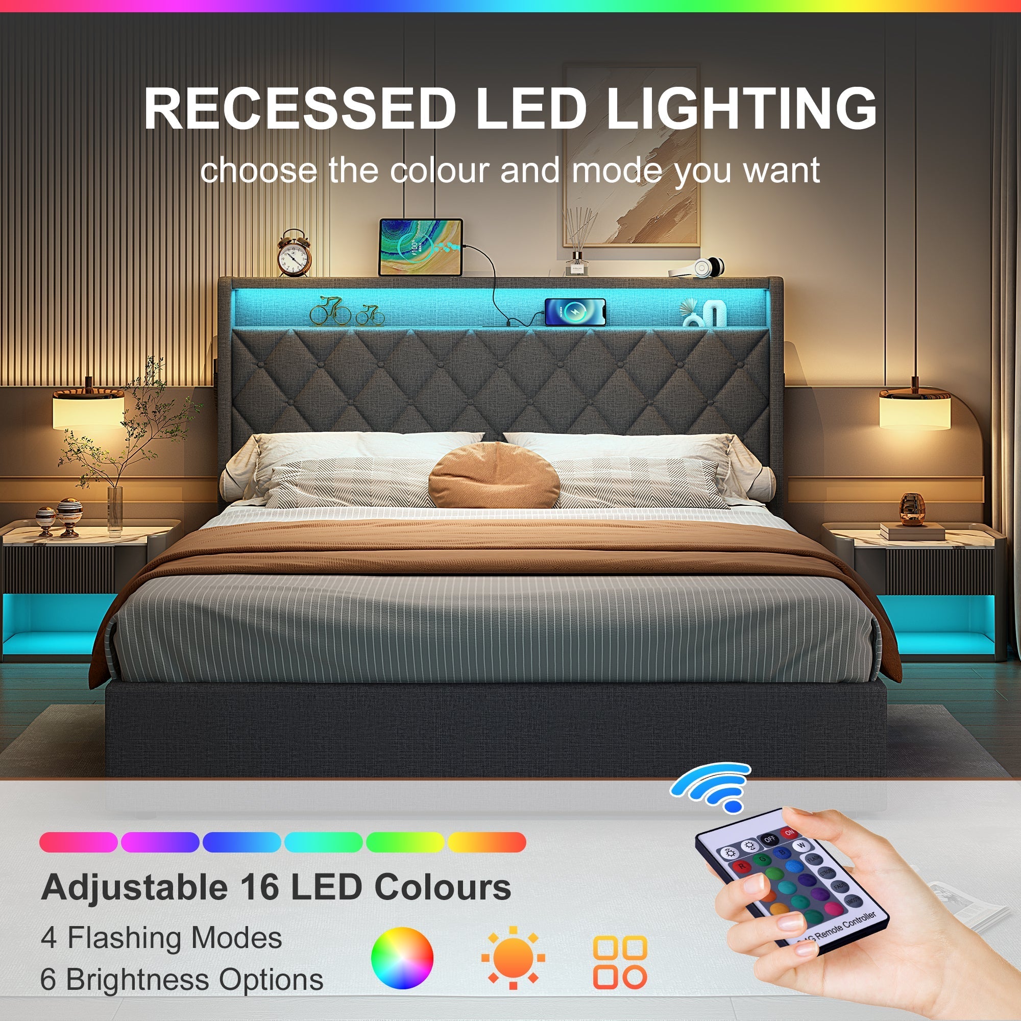 4ft6 Double Upholstered Bed Frame, Hydraulic Storage LED Headboard Charging Station, Linen Grey