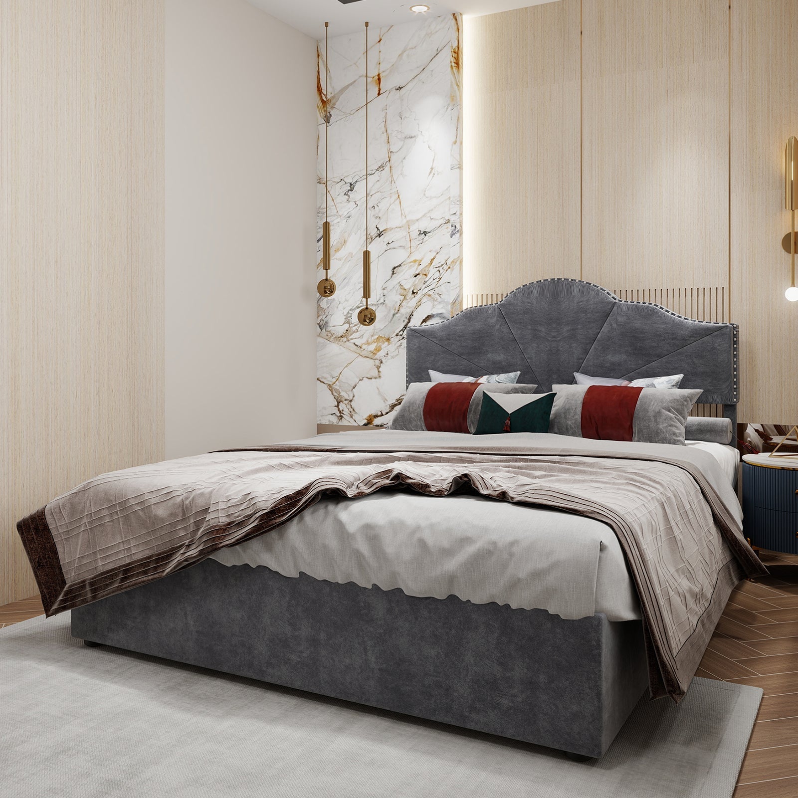 Modern Minimalist Soft Bed, High Box with Pneumatic Rod, 140*200CM, Gray