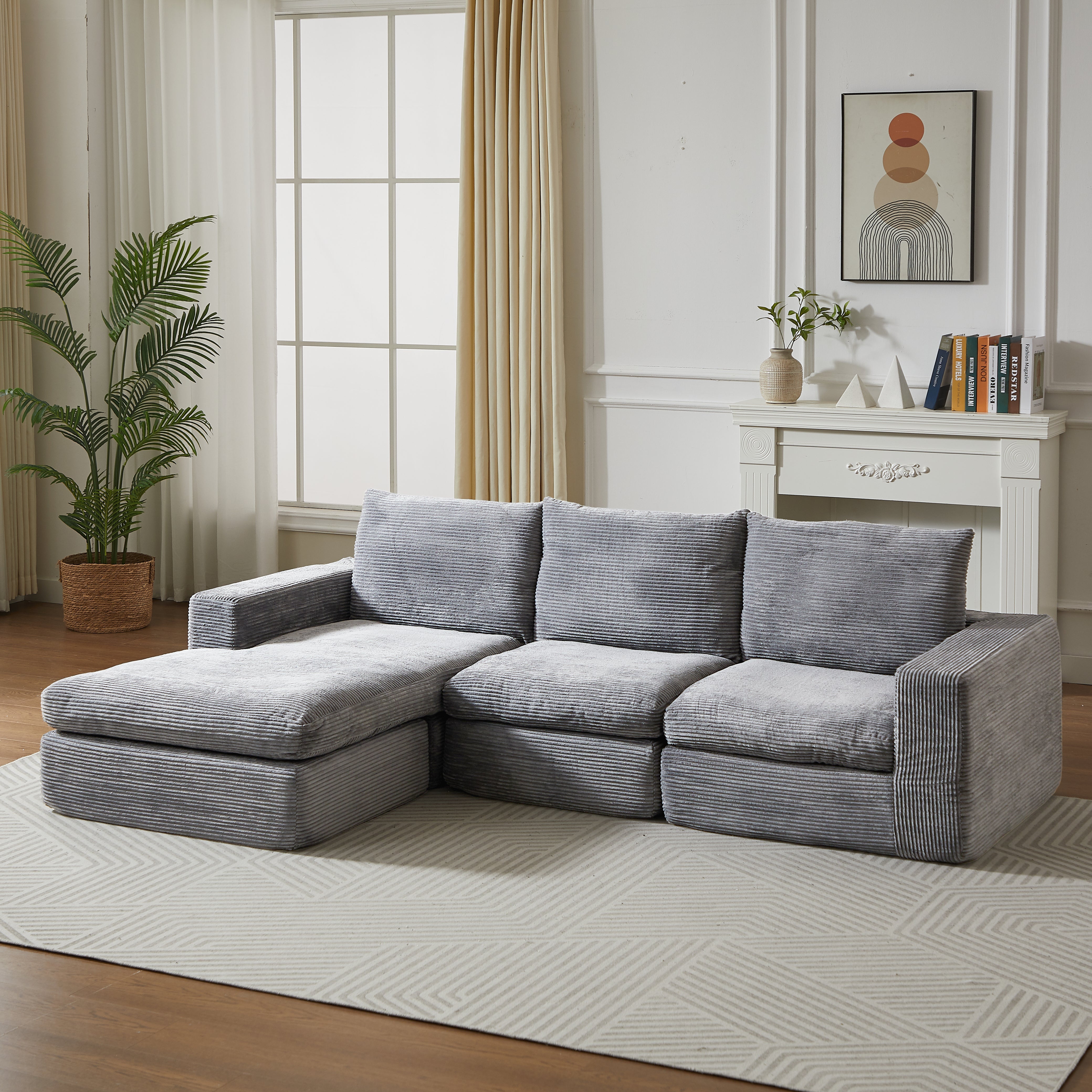 Boneless Couch with Chaise, L-Shaped Modern Upholstered Sofa, Three Cushions, No Assembly Required, Corduroy