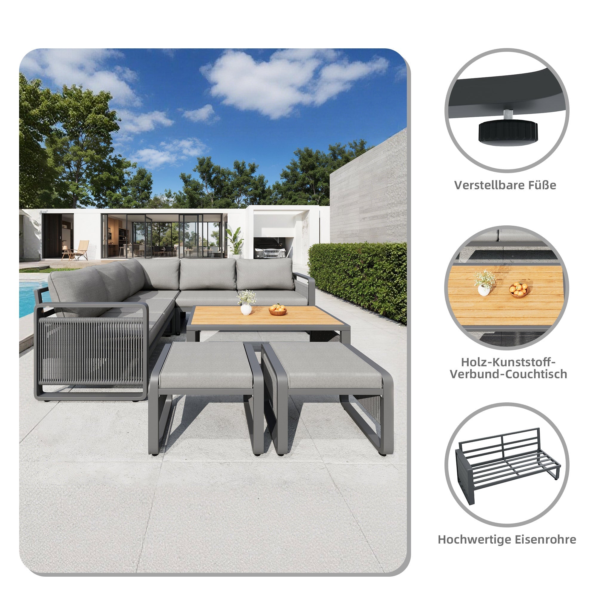 Garden Lounge Set, 6-7 Person Weatherproof Corner Sofa with Hand-Woven Rope and Cushions, Grey Iron