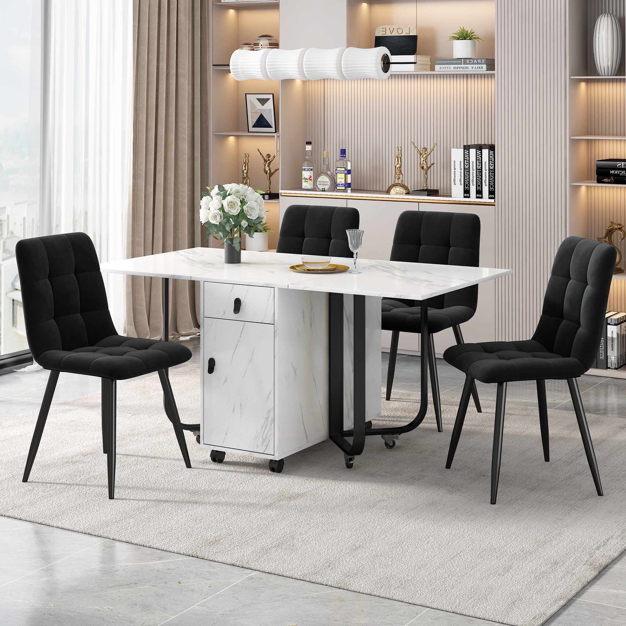 5-Piece Folding Dining Set 150x80cm Velvet Chairs White MDF/Black
