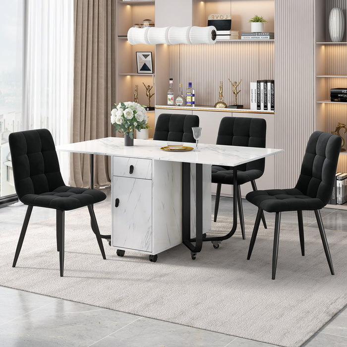 5-Piece Folding Dining Set 150x80cm Velvet Chairs White MDF/Black