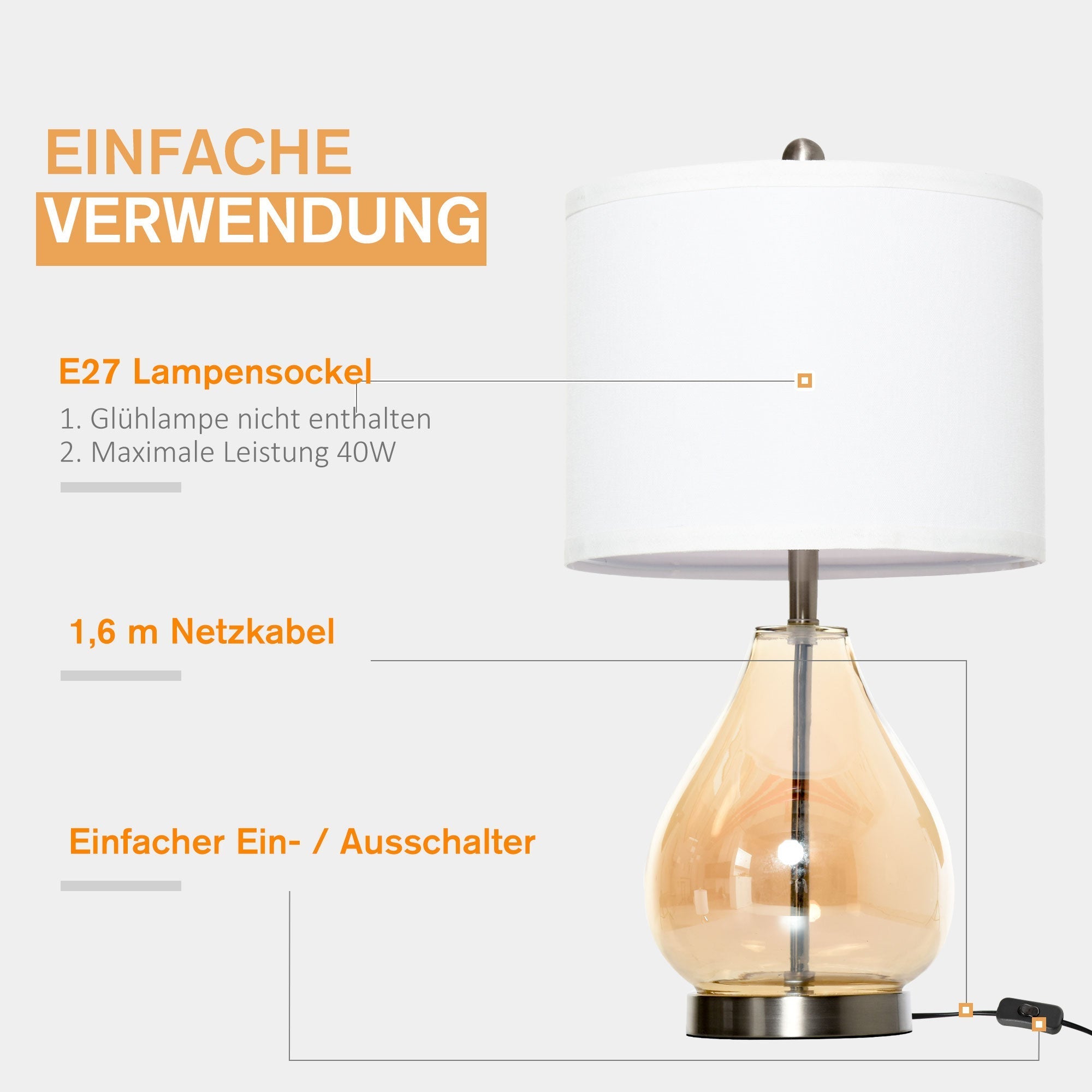 Table Lamp Set of 2 Bedside Lamps E27 Socket 40W Glass Linen Steel Amber