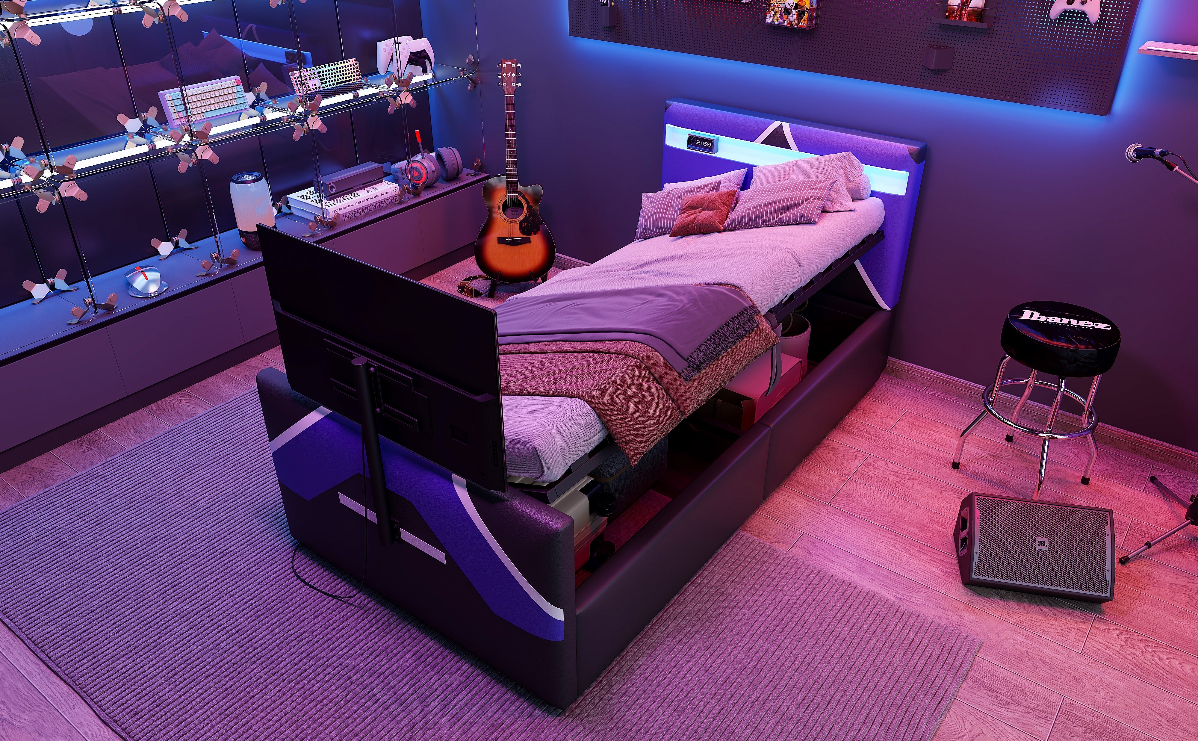 Multifunctional Gaming Bed with LED Lighting, Storage and TV Mount, PU Leather