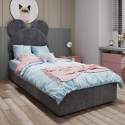 Upholstered Bed, Minimalist with Cartoon Headboard, 90x200 cm, Grey