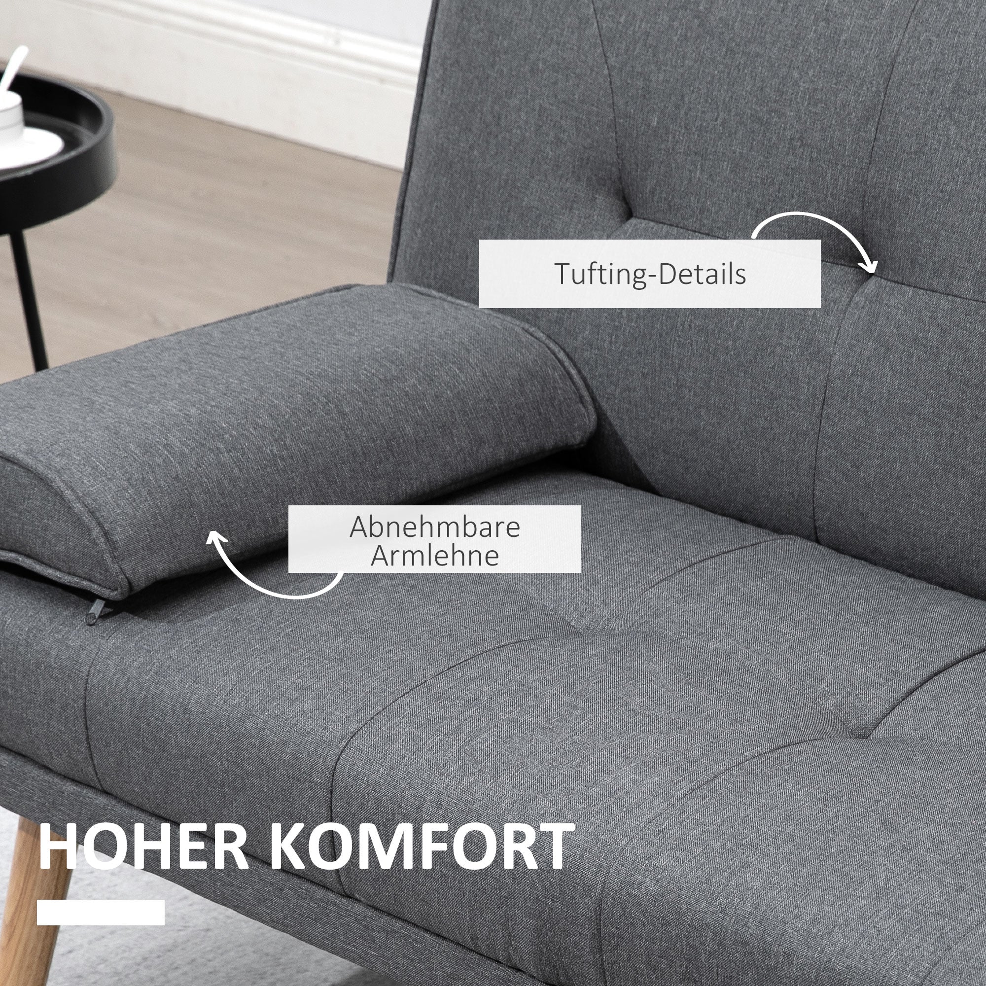 Sofa Bed 3-Seater Fold-Down Table Cup Holder Scandinavian Design, Dark Grey