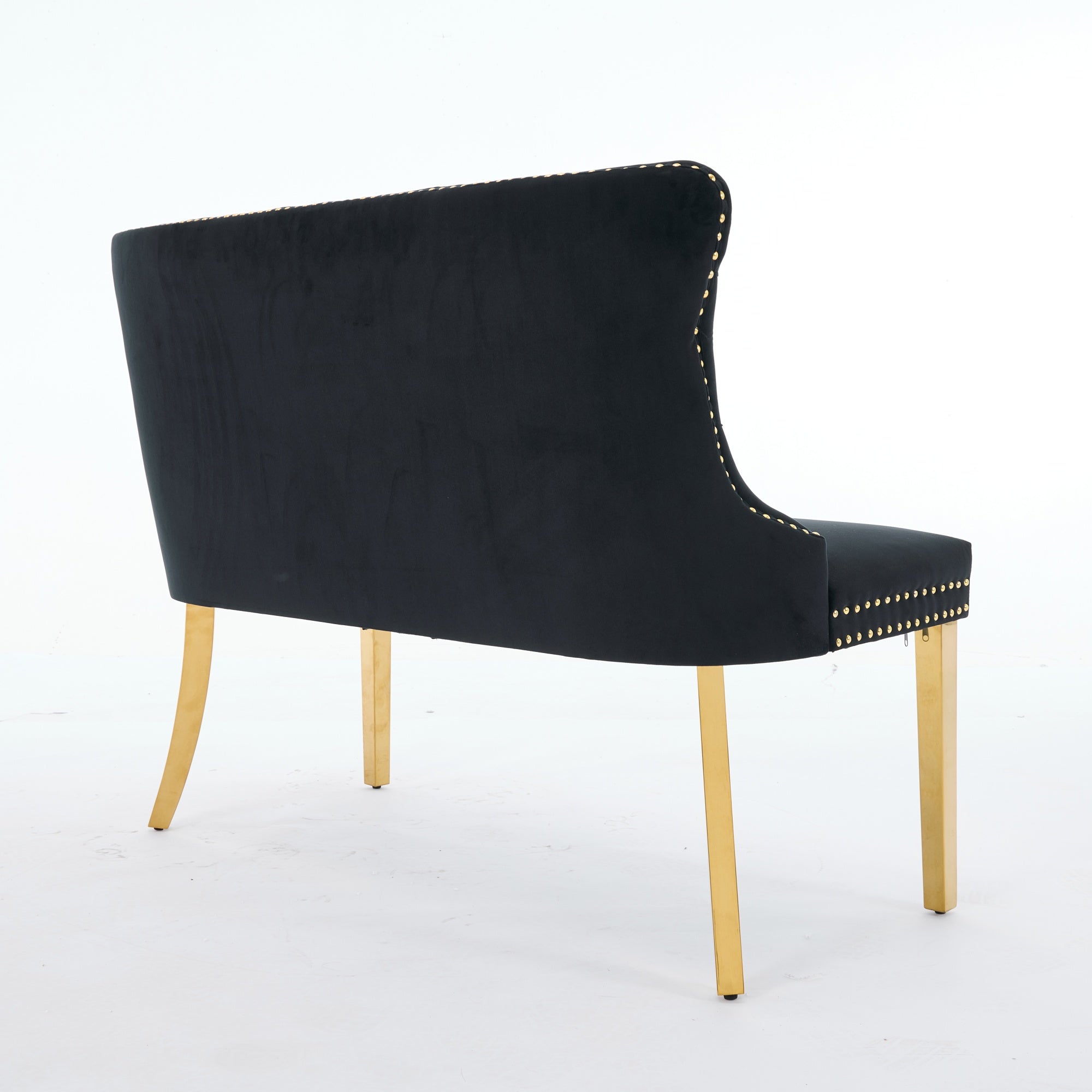 Velvet Dining Loveseat Bench, 2-Seat Tufted Wing Back Gold-Plated Steel Legs, Black Velvet
