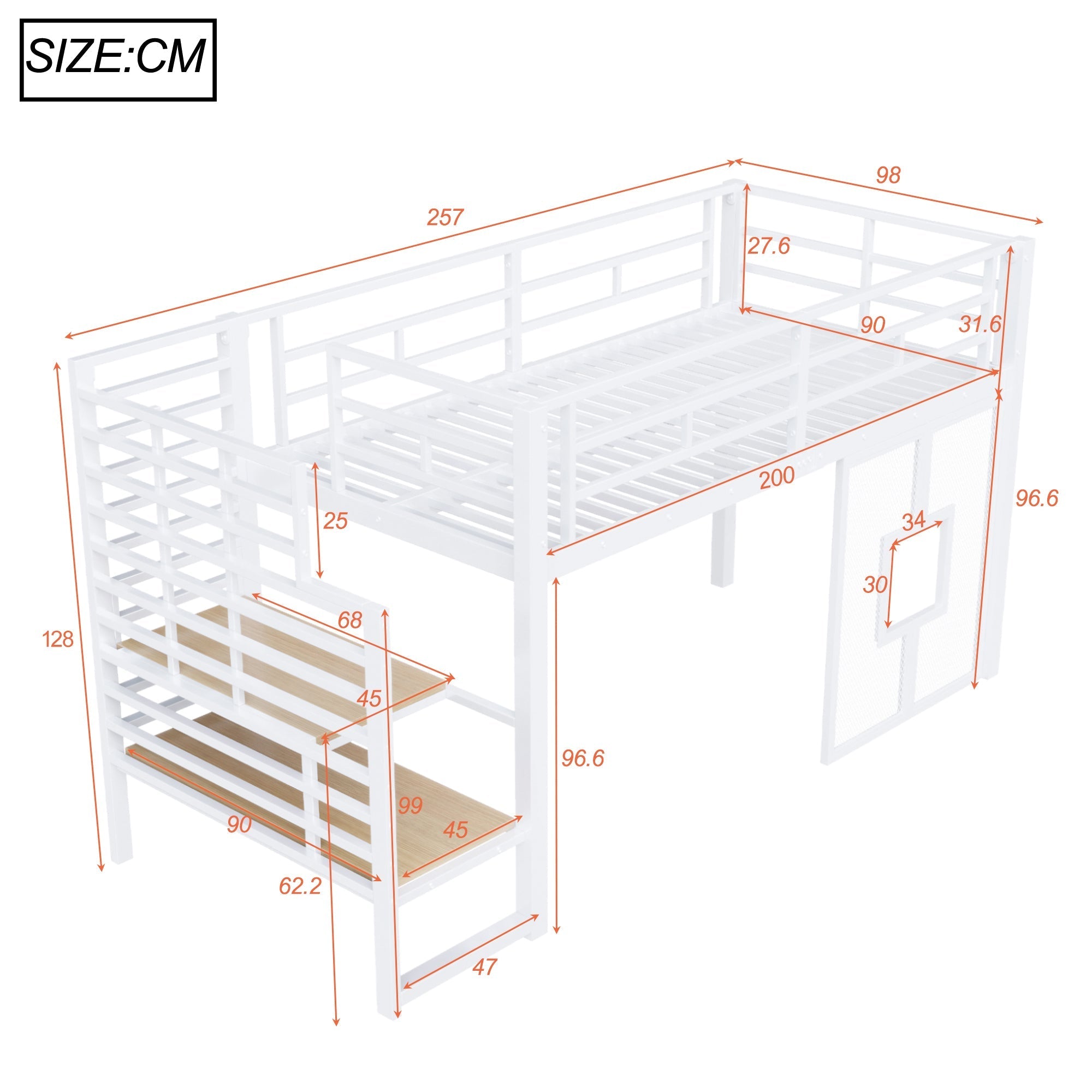 Metal Loft Bed Frame 90x200 cm with Stairs Storage and LED Lighting, White