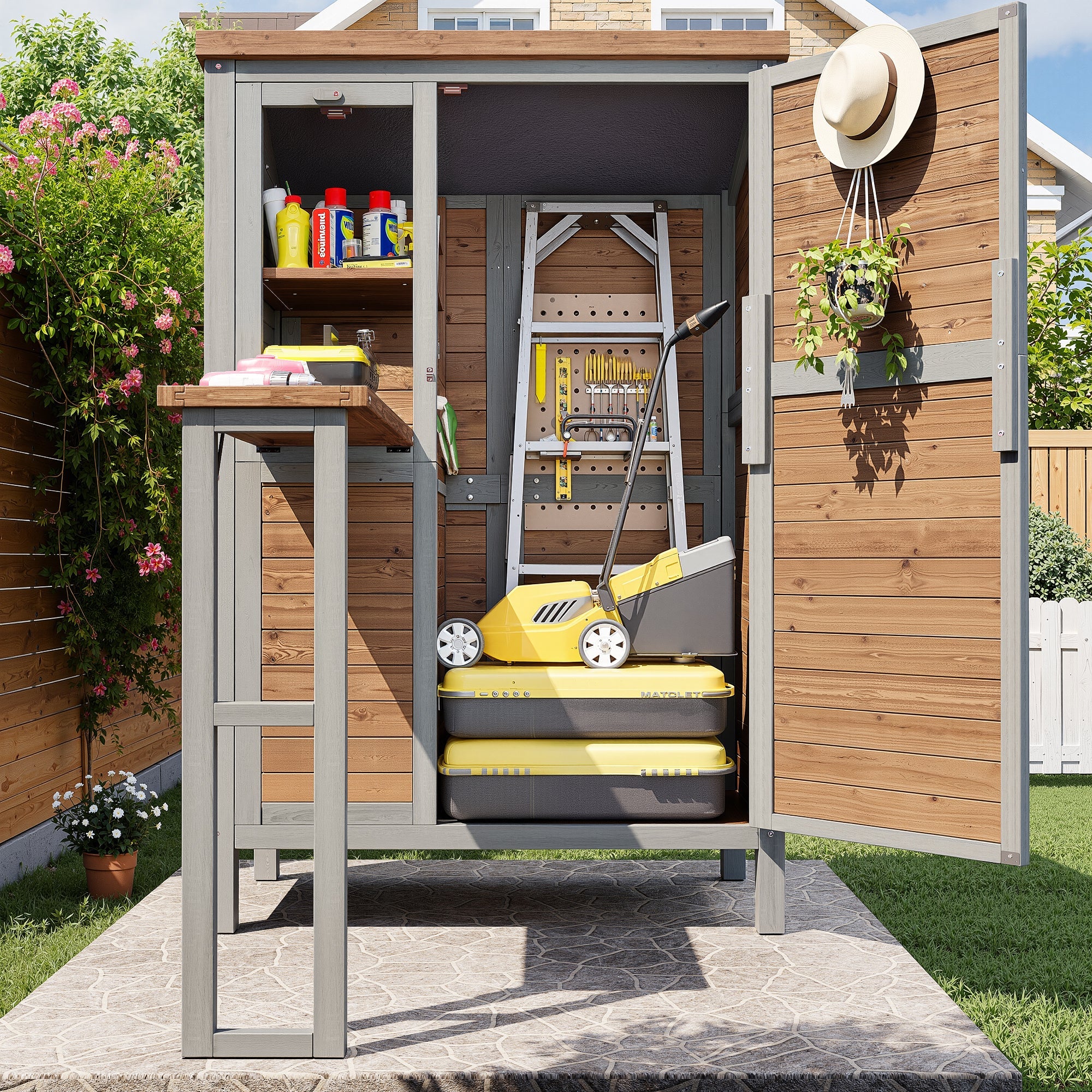 Outdoor Garden Cabinet with Fold-out Worktop and Adjustable Shelves, Fir Wood