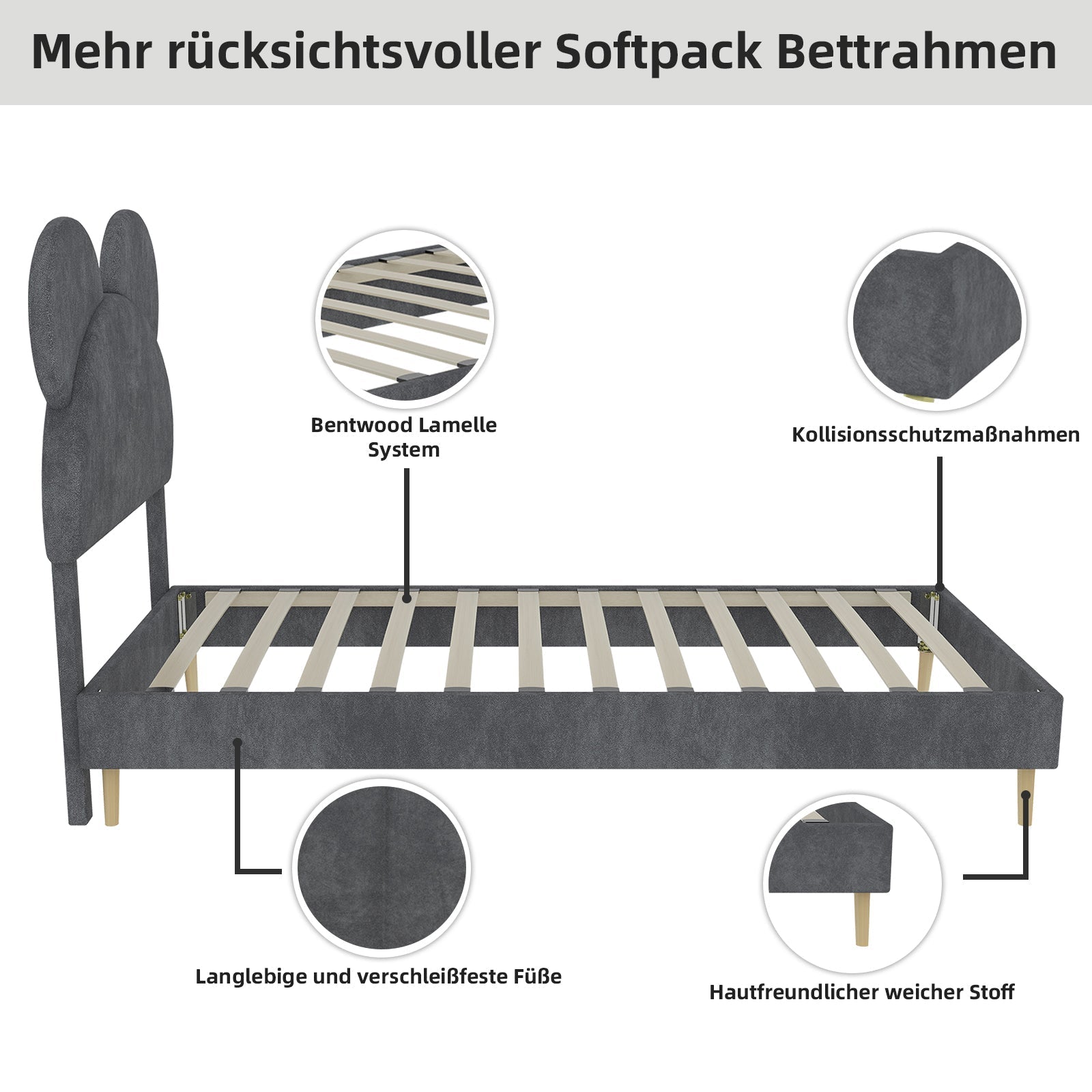 Upholstered Bed, Modern Minimalist, Cartoon-Design Headboard, 140x200 cm, Grey