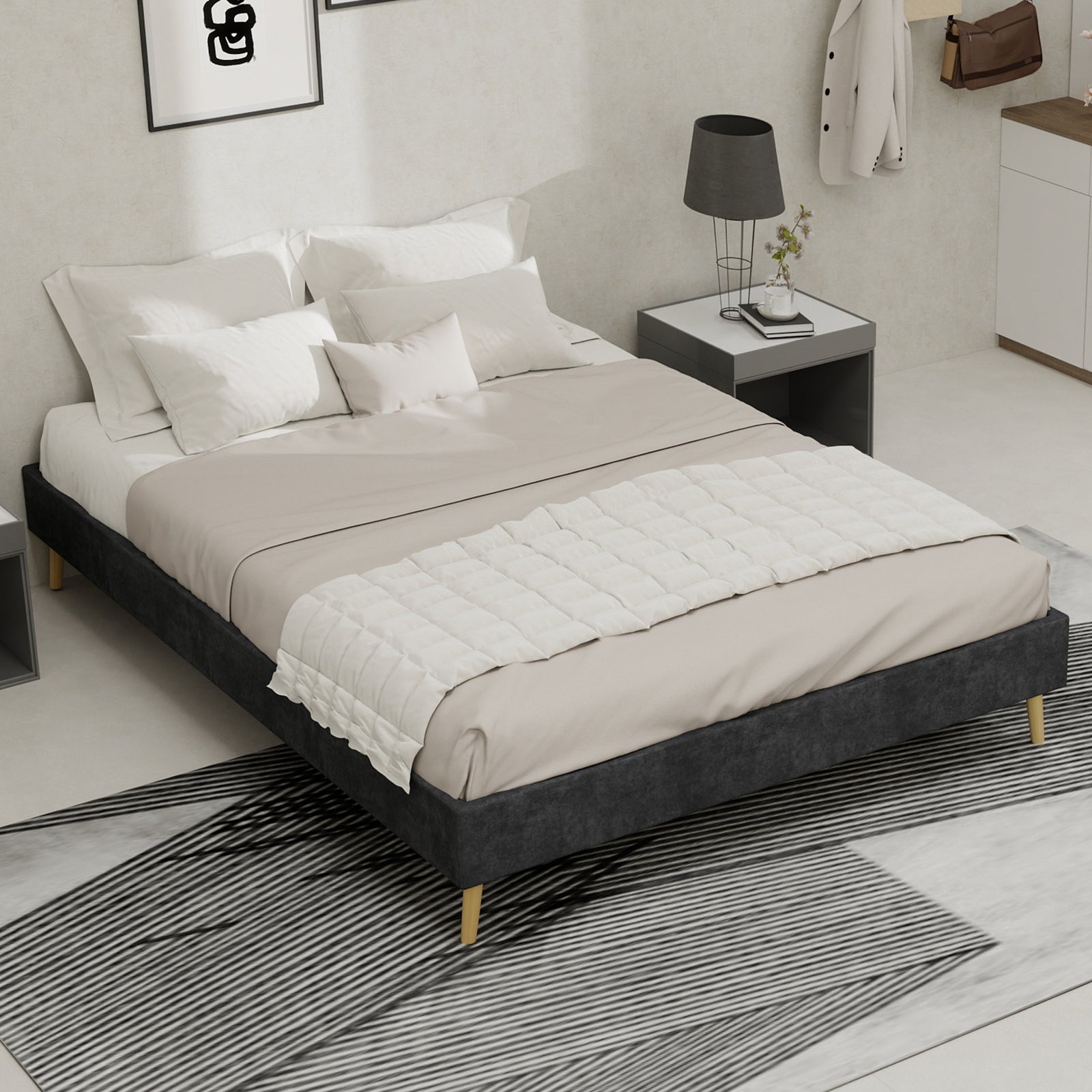 Modern Minimalist Bed Frame, 140x200 cm Low-Profile, Grey Dutch Velvet