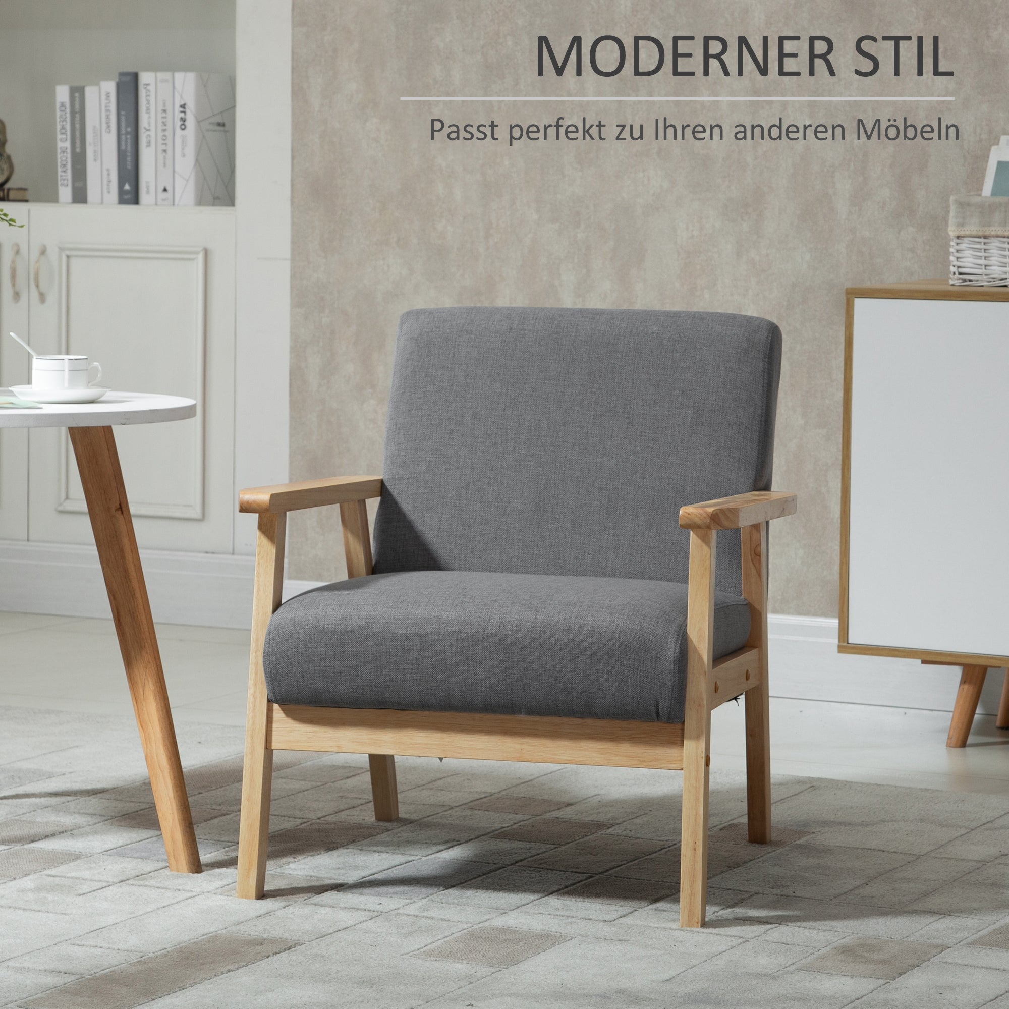 Wingback chair with armrests, upholstered, grey linen look