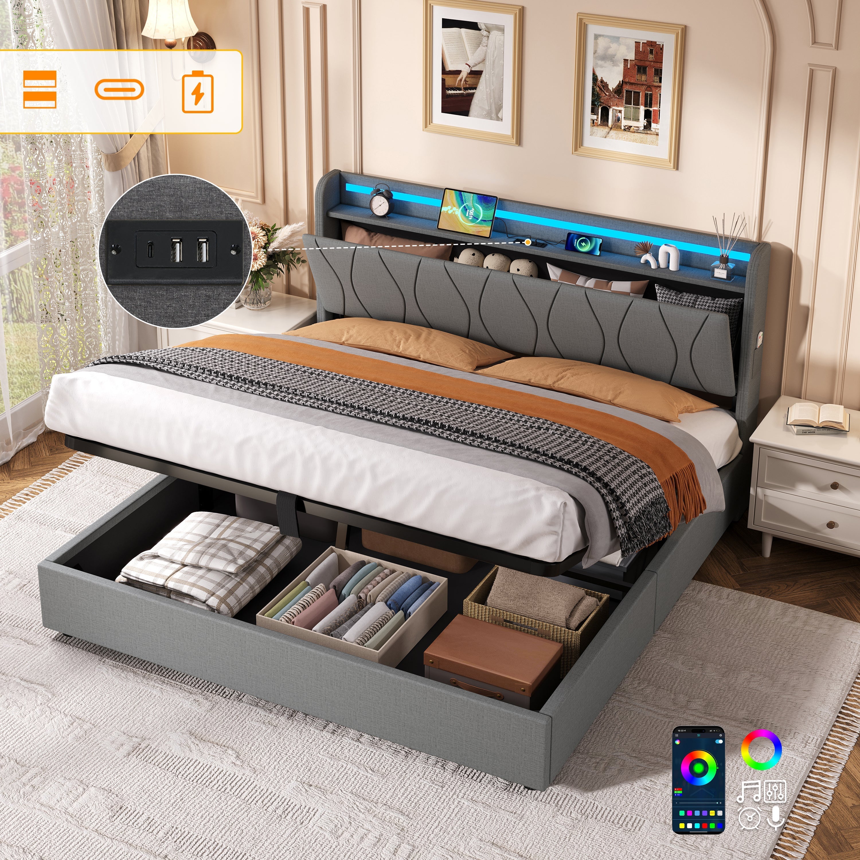 5ft King Upholstered Bed Frame, Hydraulic Storage LED Headboard with Charging Station, Linen Grey