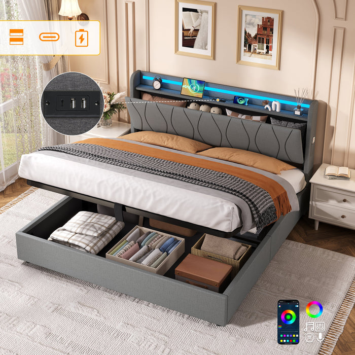 5ft King Upholstered Bed Frame, Hydraulic Storage LED Headboard with Charging Station, Linen Grey