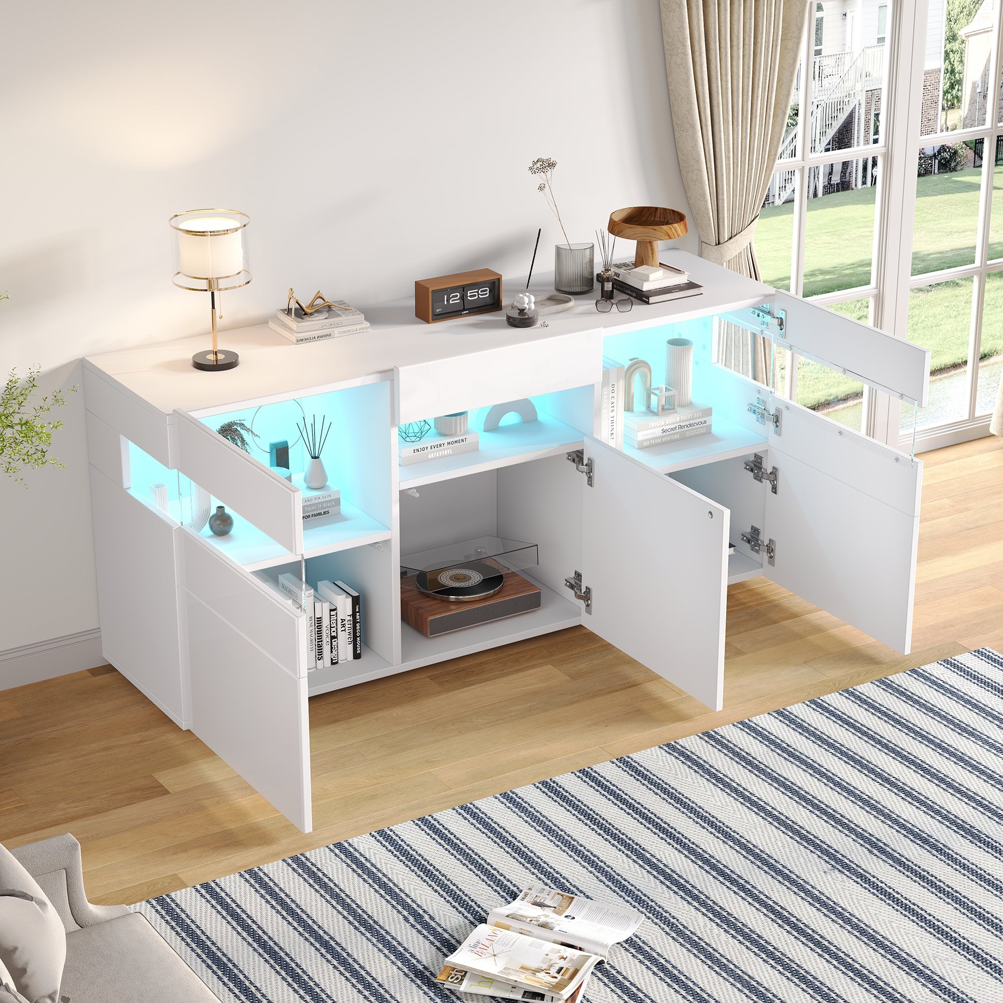Living Room Sideboard 3-Door Cabinet LED Light Acrylic High-Gloss White