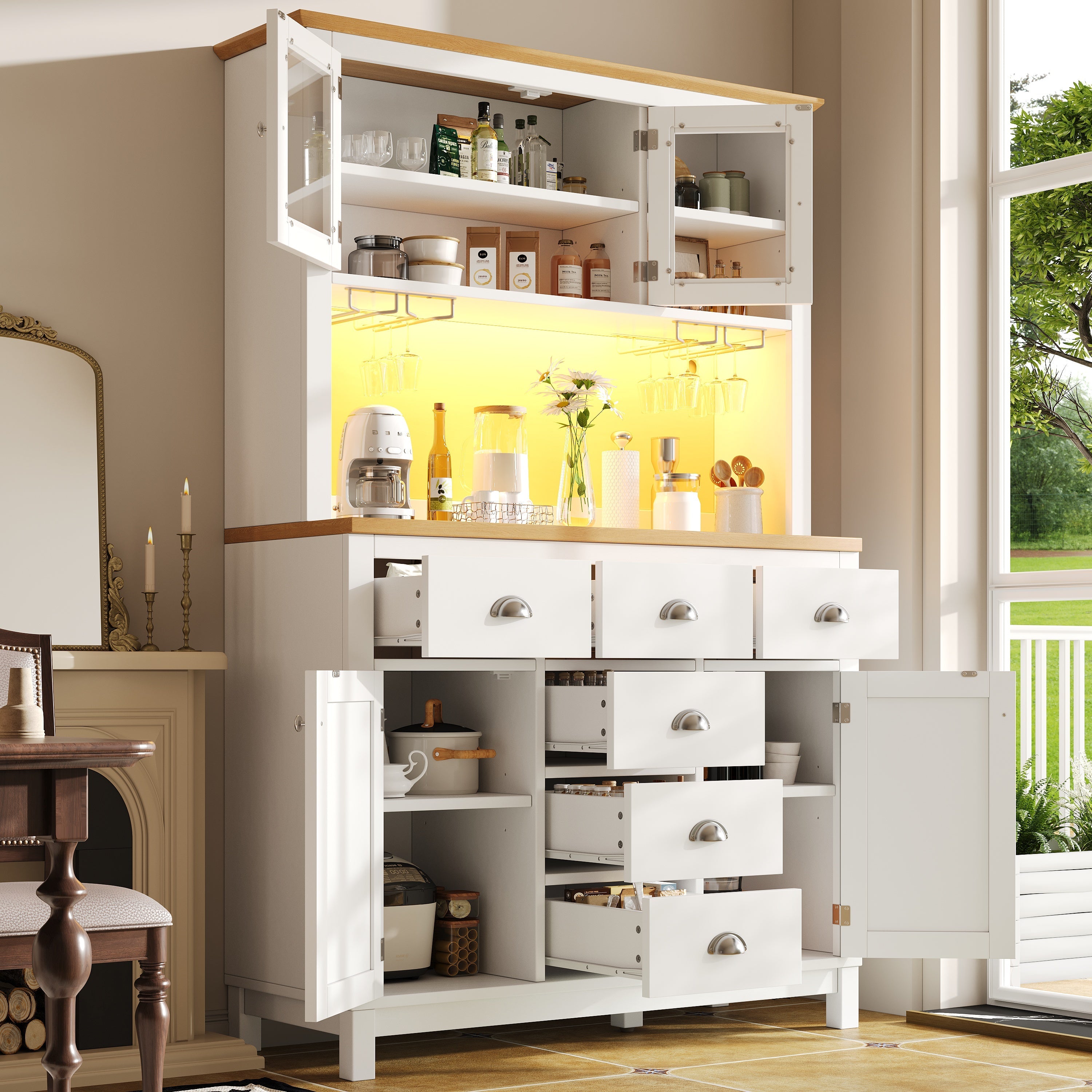 Sideboard Buffet Cabinet with 4 Doors and LED Light Strip, Green and White