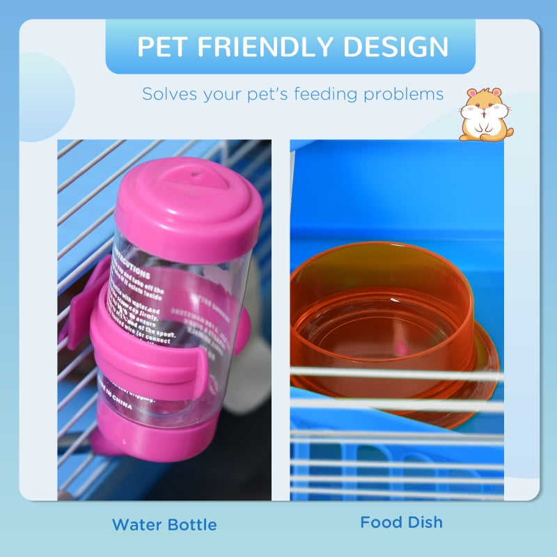 Hamster Cage, 2 Tier Gerbil Cage with Handle, Exercise Wheels, Tunnel, Tube, Water Bottle, Dishes, Ladder, Blue