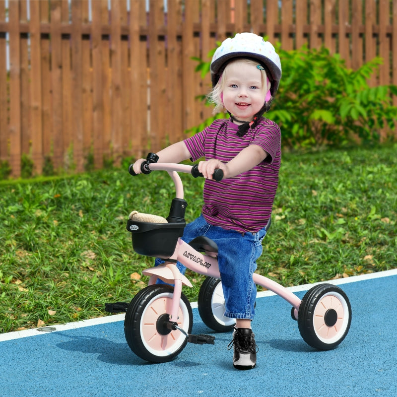 AIYAPLAY tricycle for children with height-adjustable seat, bell, bicycle basket, metal frame, pink