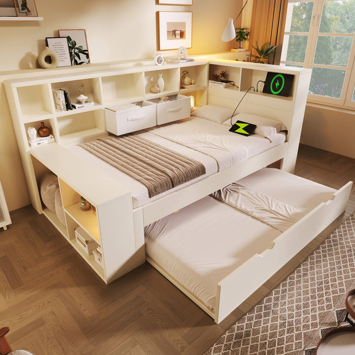 Single Bed 90x190 Pull-out Bed Storage USB/Type-C Charging White Wood
